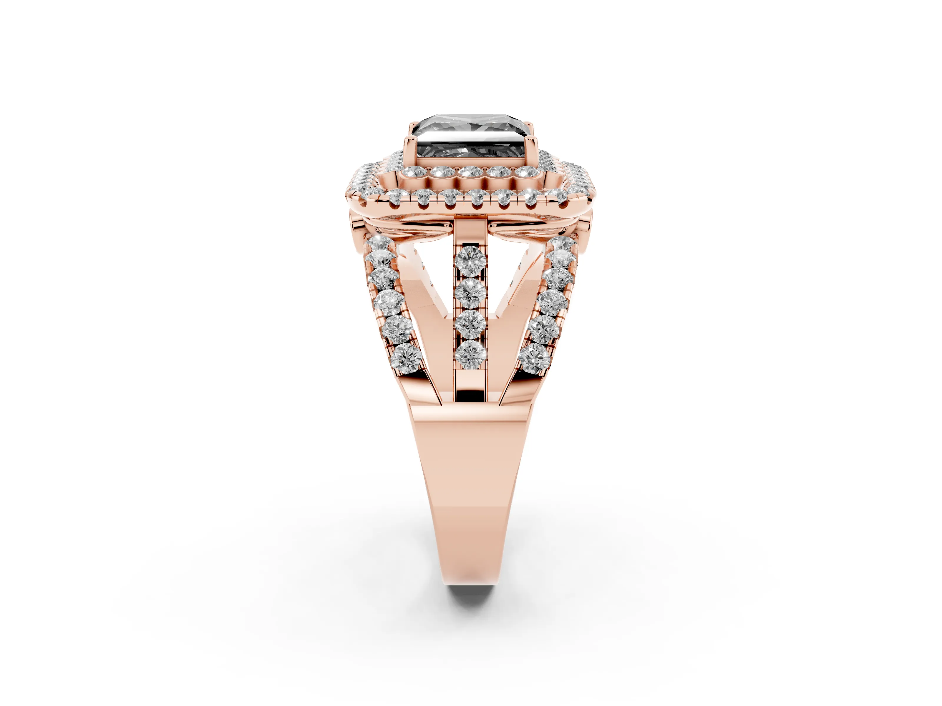 Fancy Black Princess Cut Diamond Double Halo Ring Set in Rose gold with Round Pavé Split Shank