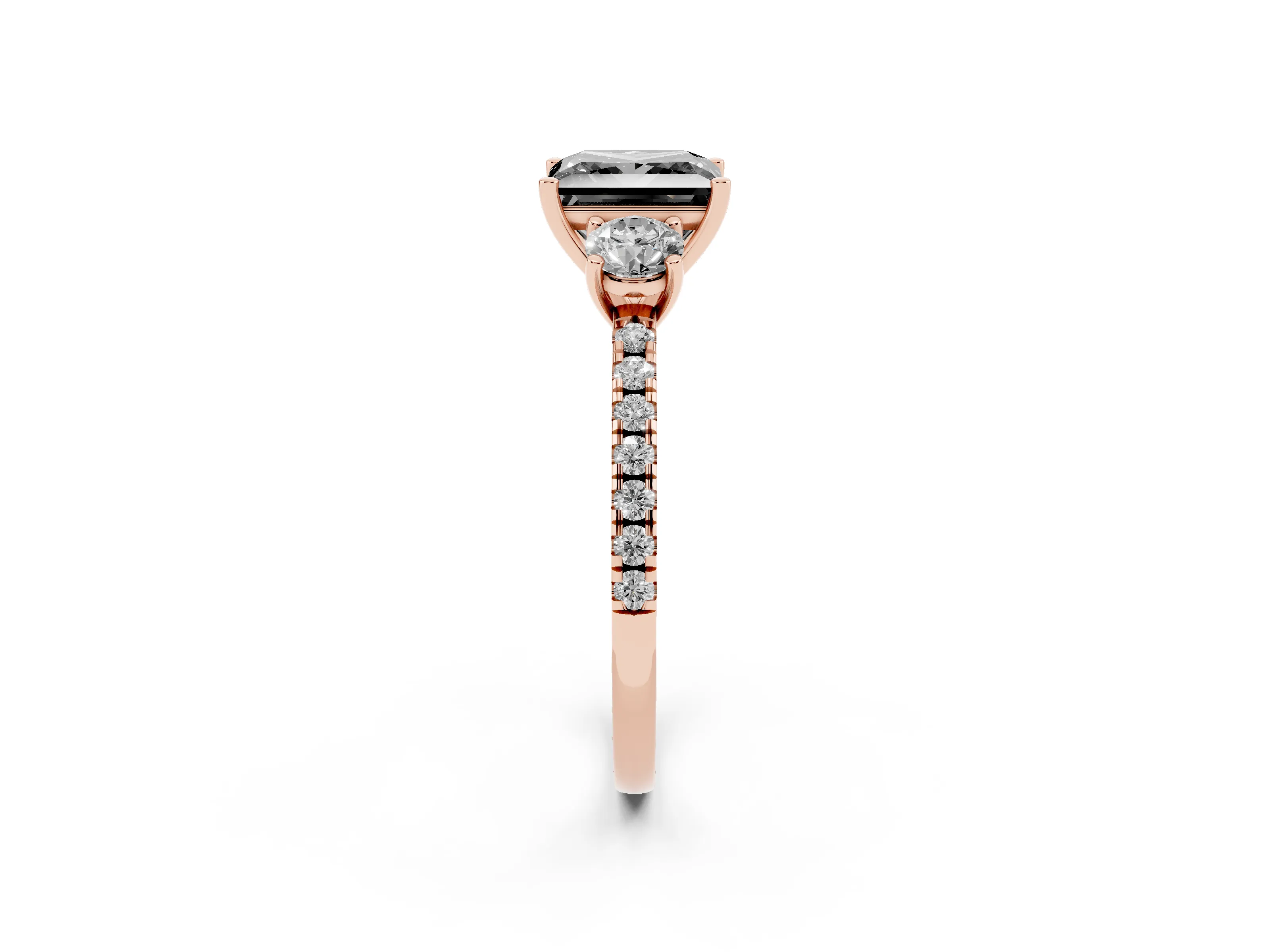 Fancy Black Princess Cut Diamond Three-Stone Ring Set in Rose gold with Pavé Band and Graduated Sides