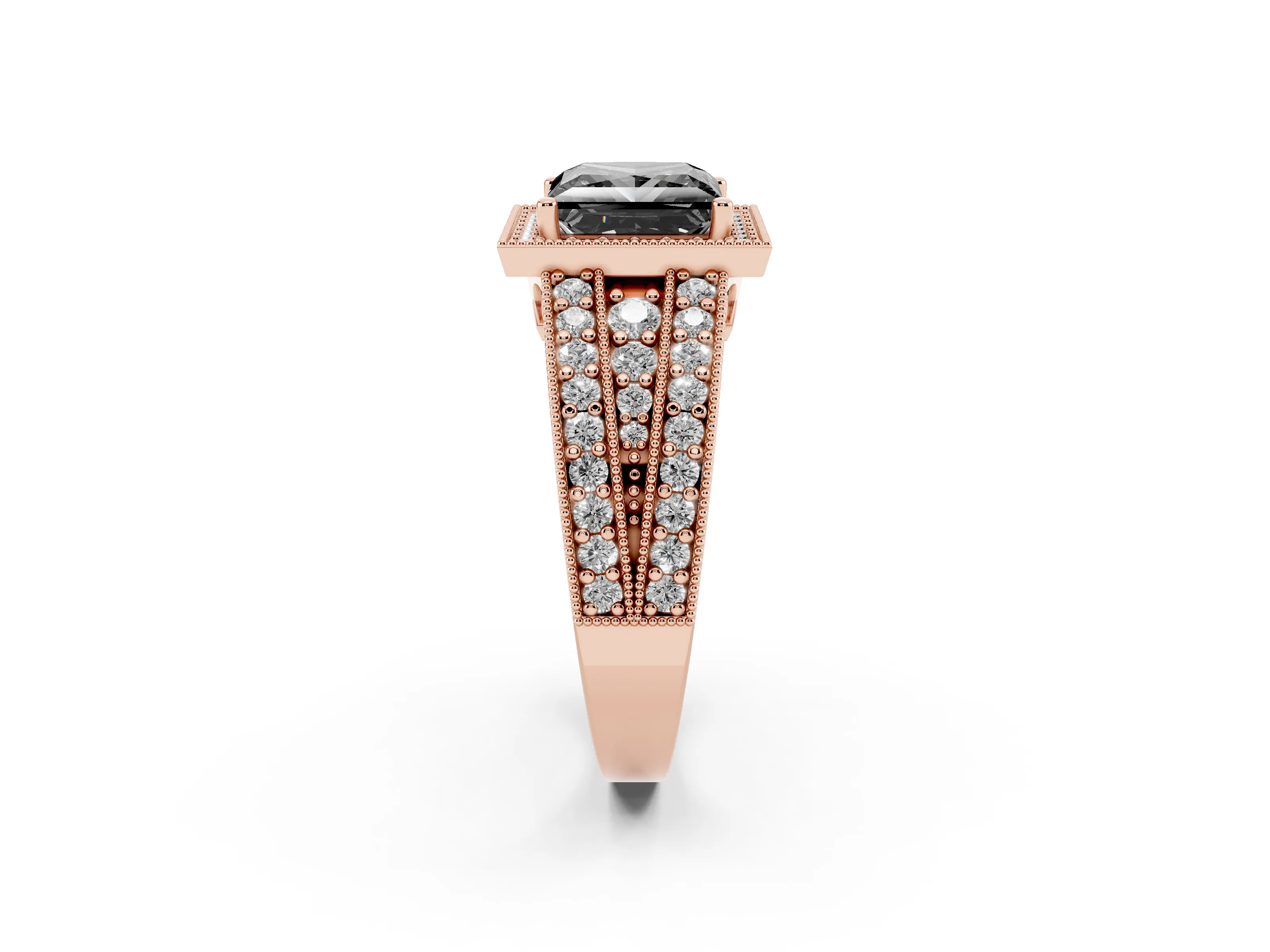Fancy Black Princess Cut Diamond Halo Ring Set in Rose gold with Accent Split Shank and Prong Setting