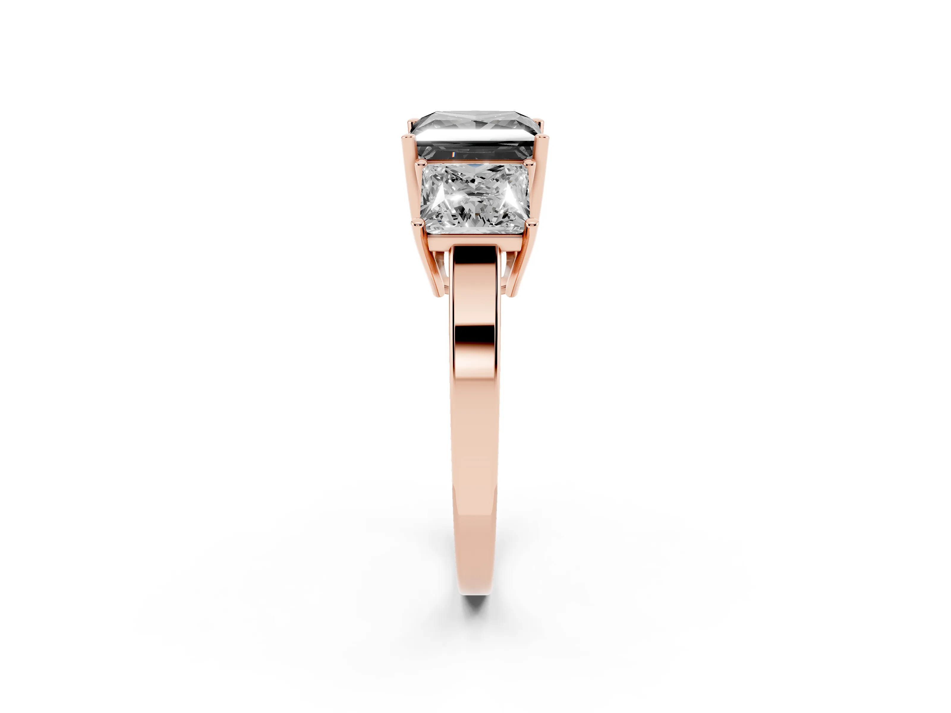 Fancy Black Princess Cut Diamond Three-Stone Engagement Ring Set in Rose gold with Flat Band