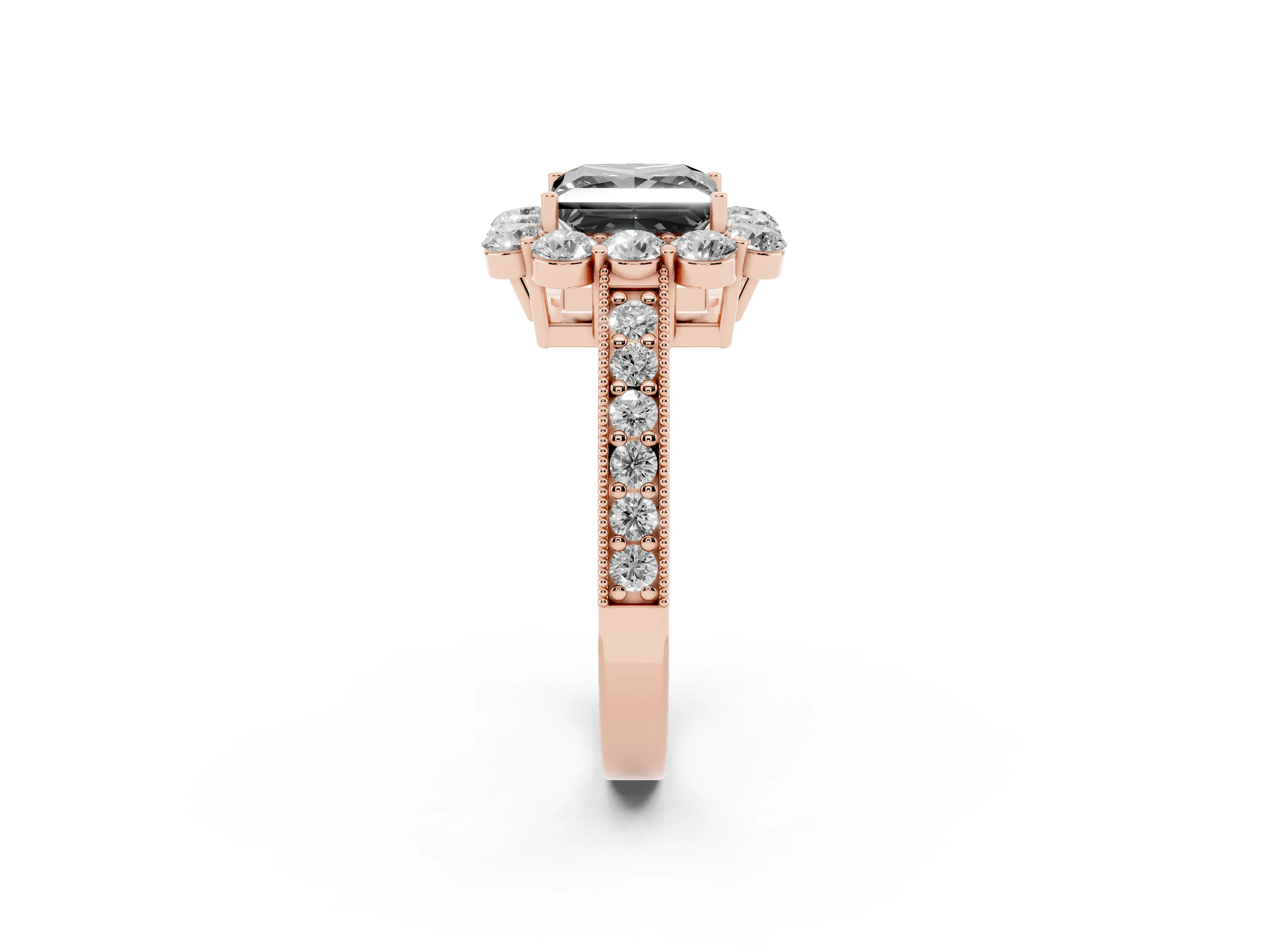 Fancy Black Princess Cut Diamond Halo Pavé Engagement Ring Set in Rose gold with Milgrain Detailing