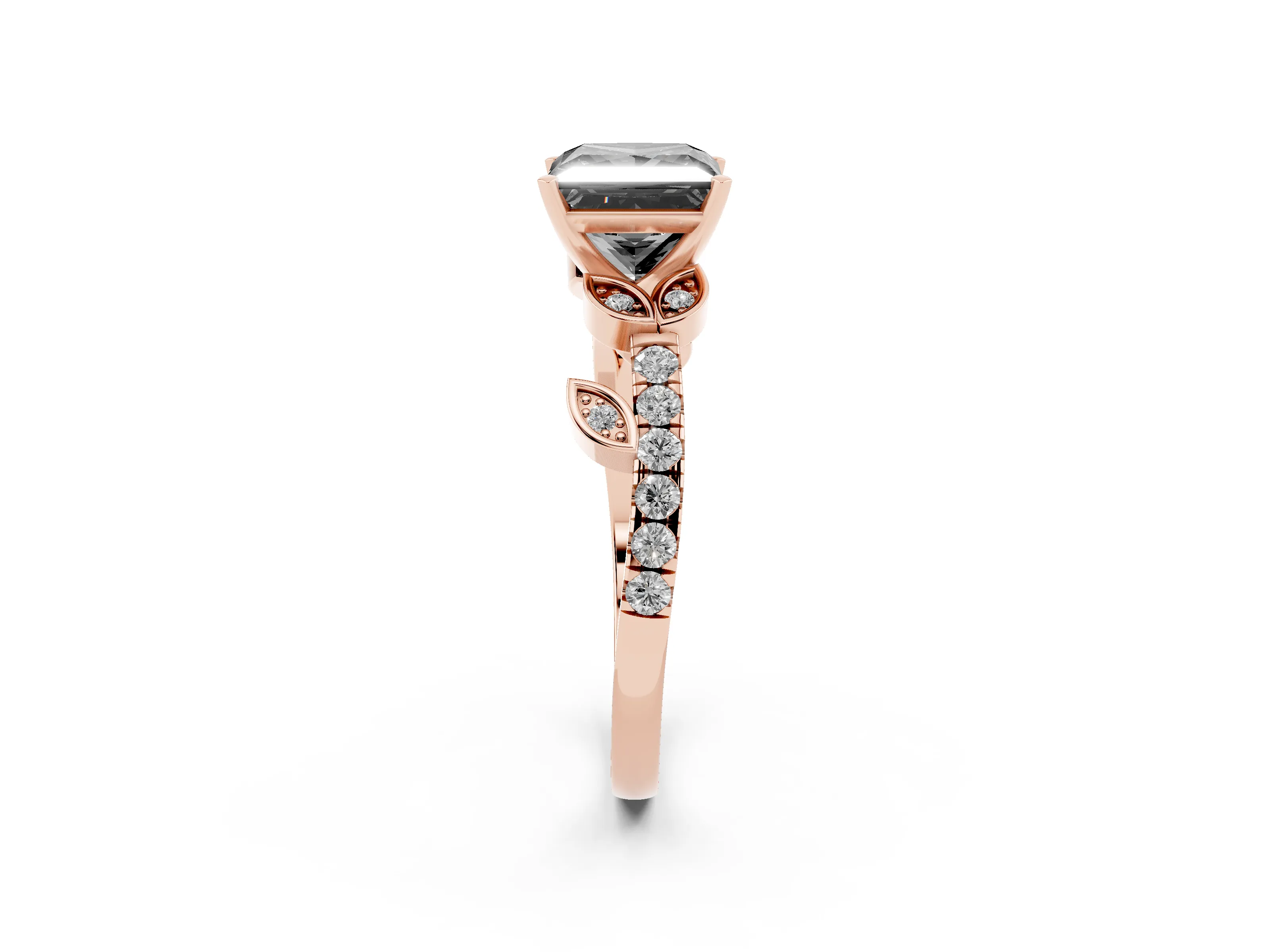 Fancy Black Princess Cut Diamond Solitaire Leaf-Inspired Ring Set in Rose gold with Pavé Band and Prong Setting