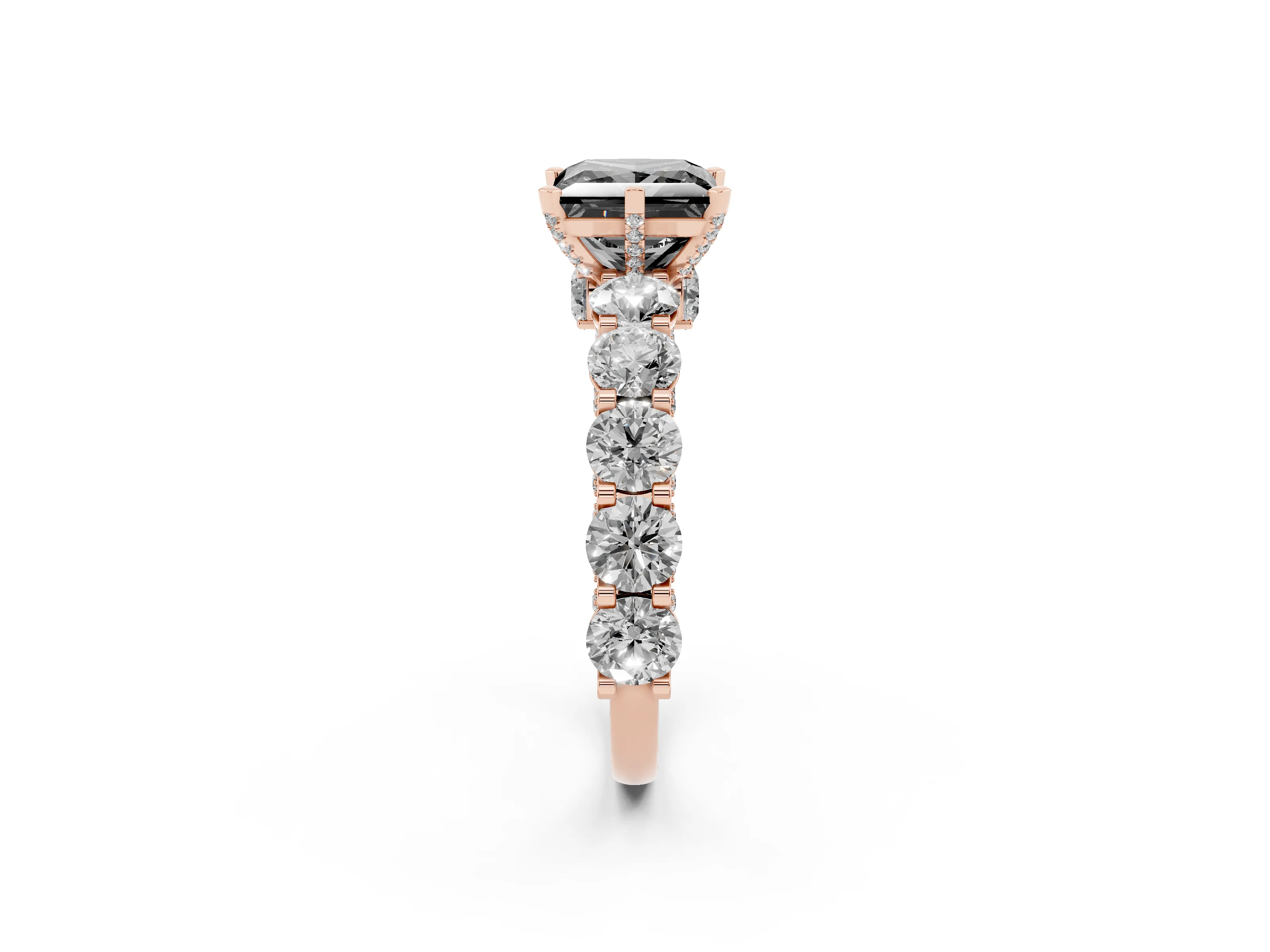 Fancy Black Princess Cut Diamond Side Stone Ring Set in Rose gold with Alternating Round and Oval Side Stones