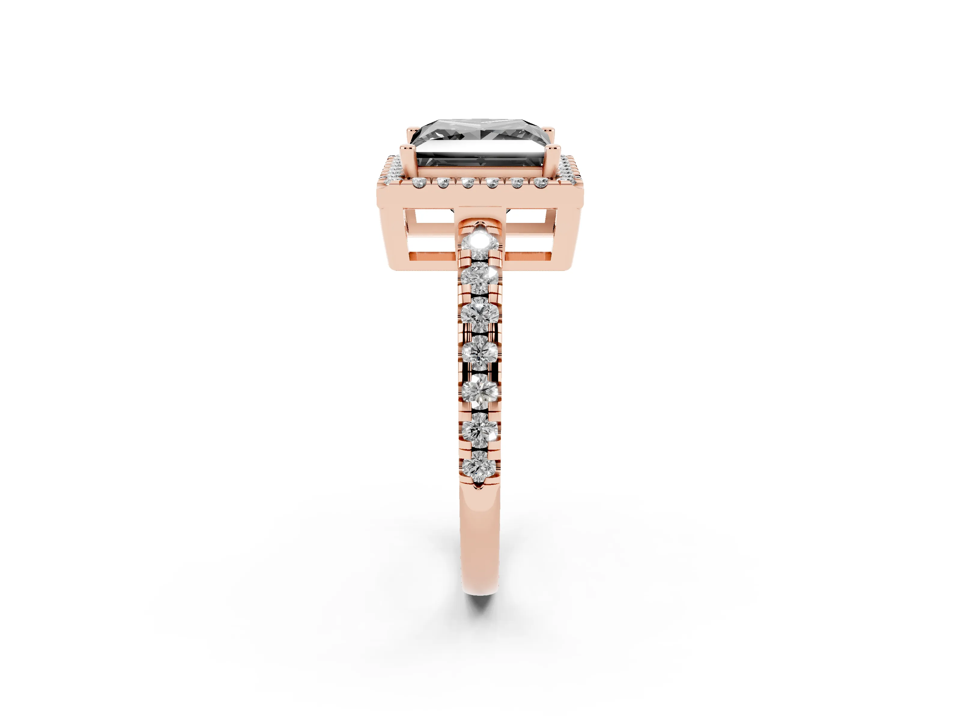 Fancy Black Princess Cut Diamond Halo Ring Set in Rose gold with Delicate Pavé Band and Prong Setting