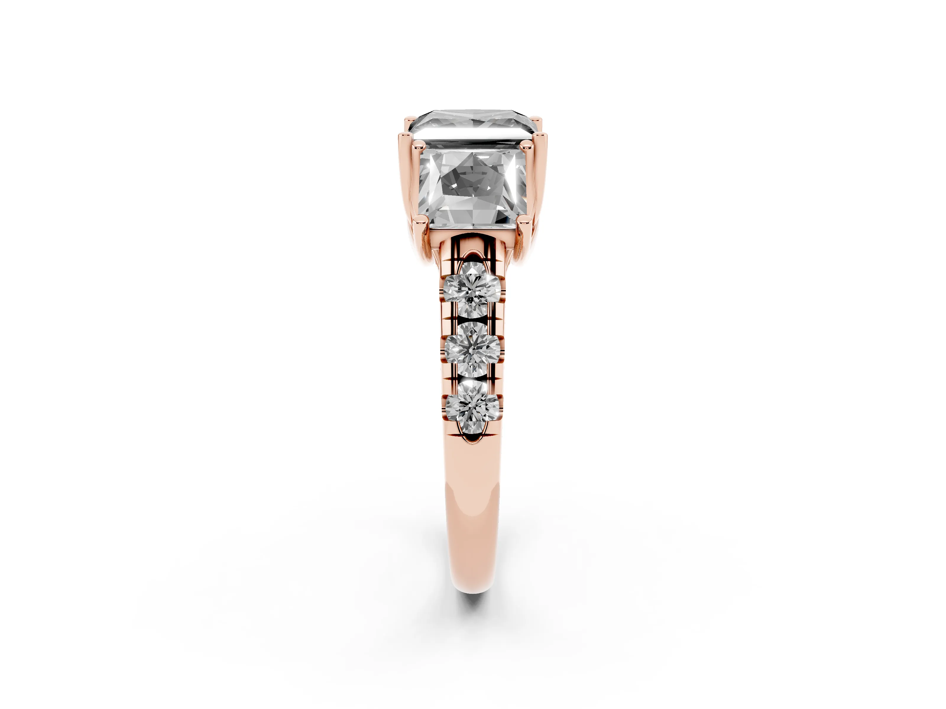 Fancy Black Princess Cut Diamond Three-Stone Ring Set in Rose gold with Pavé Band