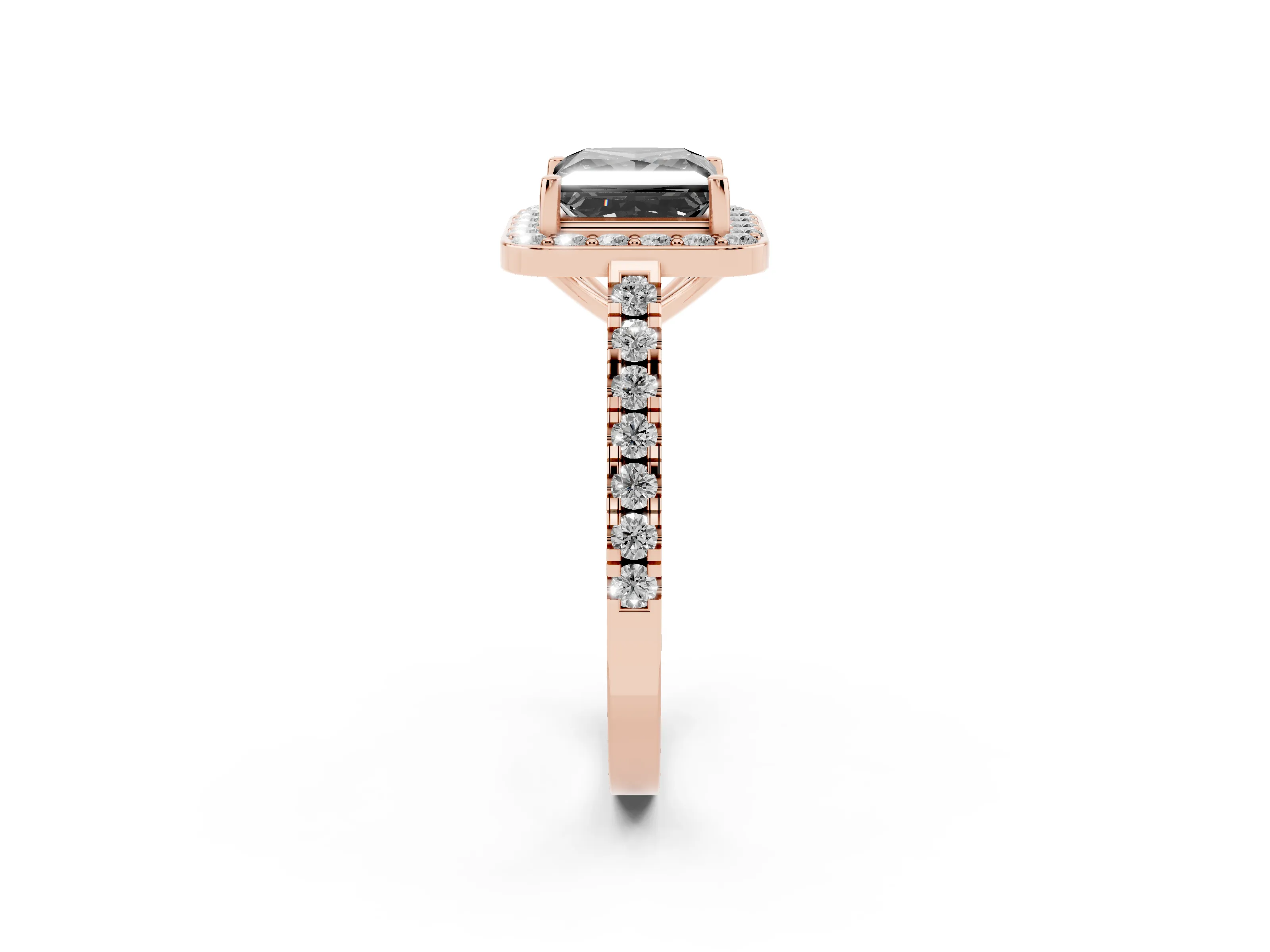 Fancy Black Princess Cut Diamond Halo Ring Set in Rose gold with Round Pavé Split Shank and Prong Setting