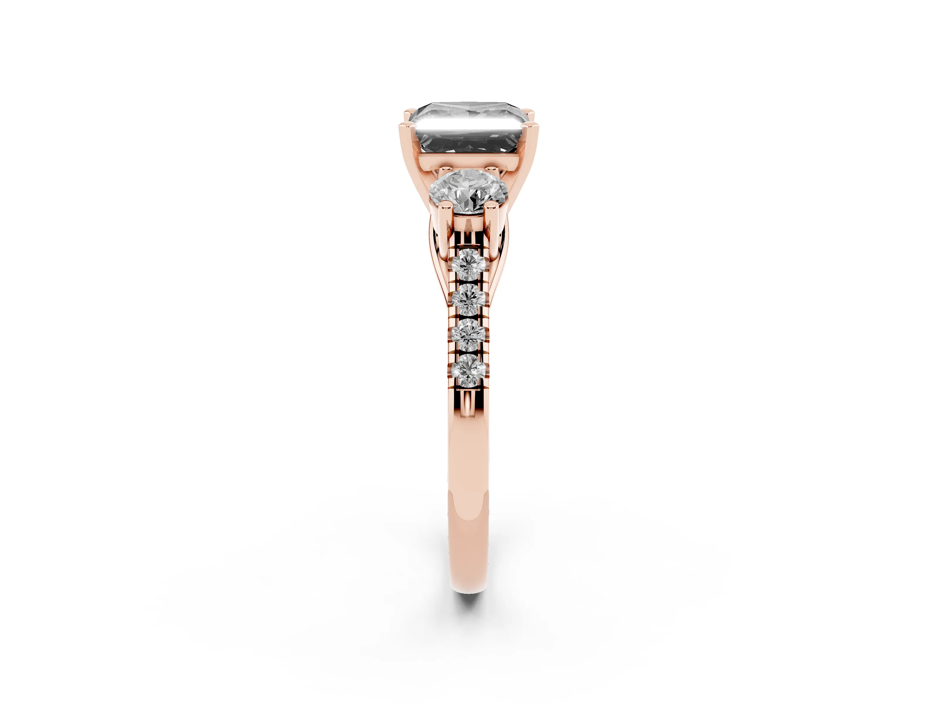 Fancy Black Three-Stone Princess Cut Diamond Pavé Band Ring Set in Rose gold with Prong-Set Trio
