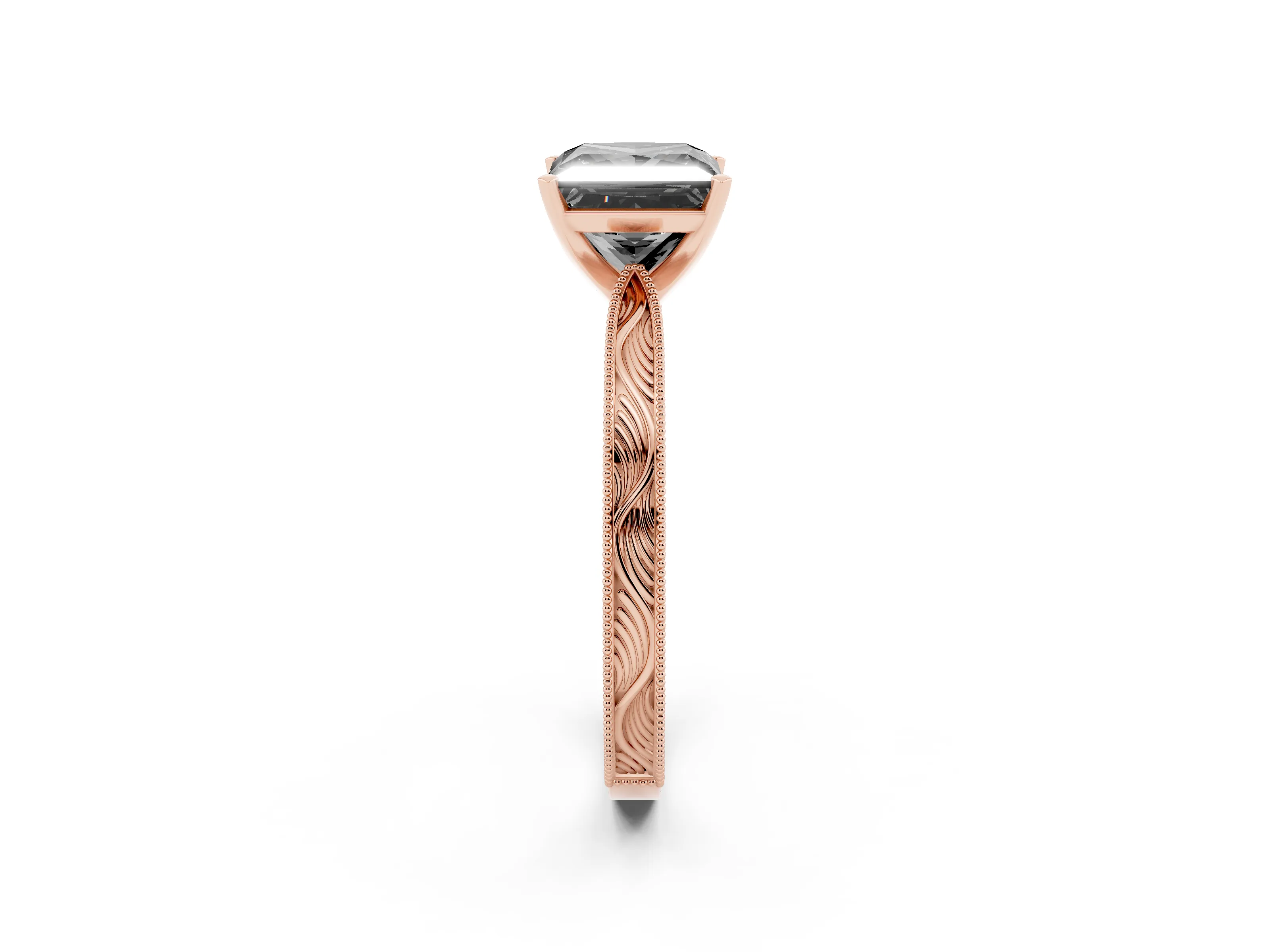 Fancy Black Princess Cut Diamond Solitaire Milgrain Engraved Band Set in Rose gold with Prong Setting