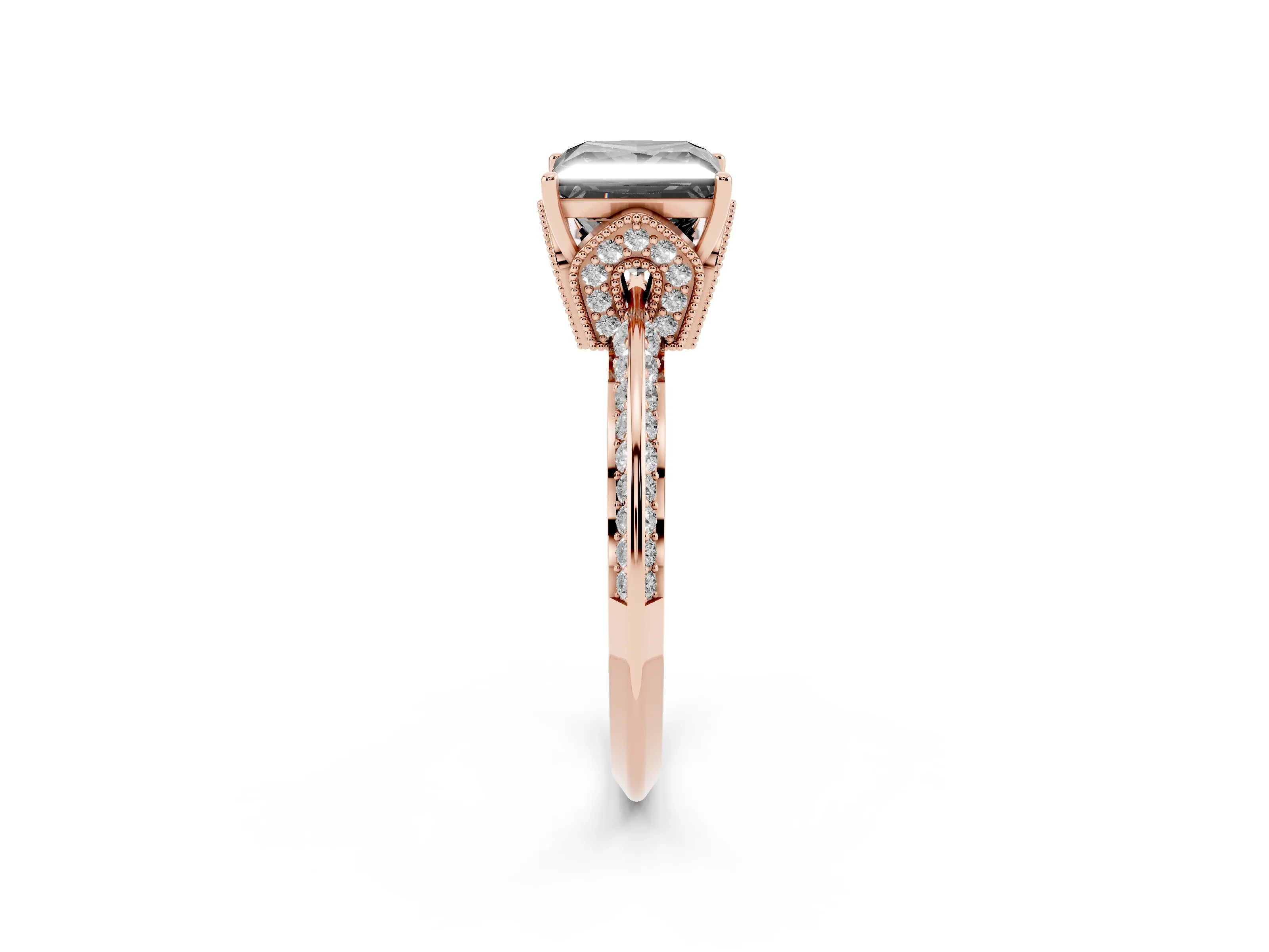 Fancy Black Princess Cut Diamond Solitaire Engagement Ring Set in Rose gold with Pavé Split Shank and Prong Setting