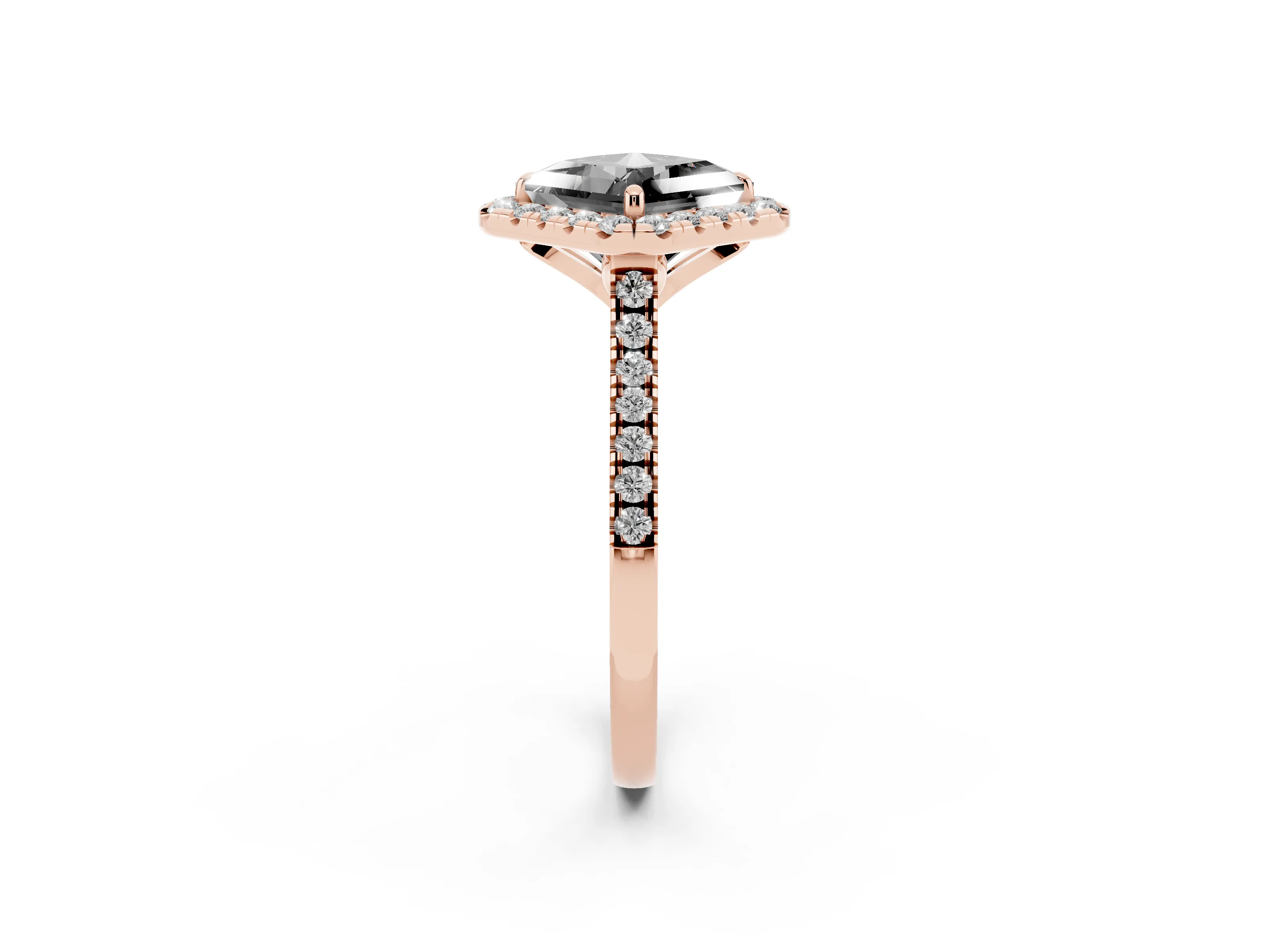 Fancy Black Princess Cut Diamond Cushion Halo Ring Set in Rose gold with Pavé Band