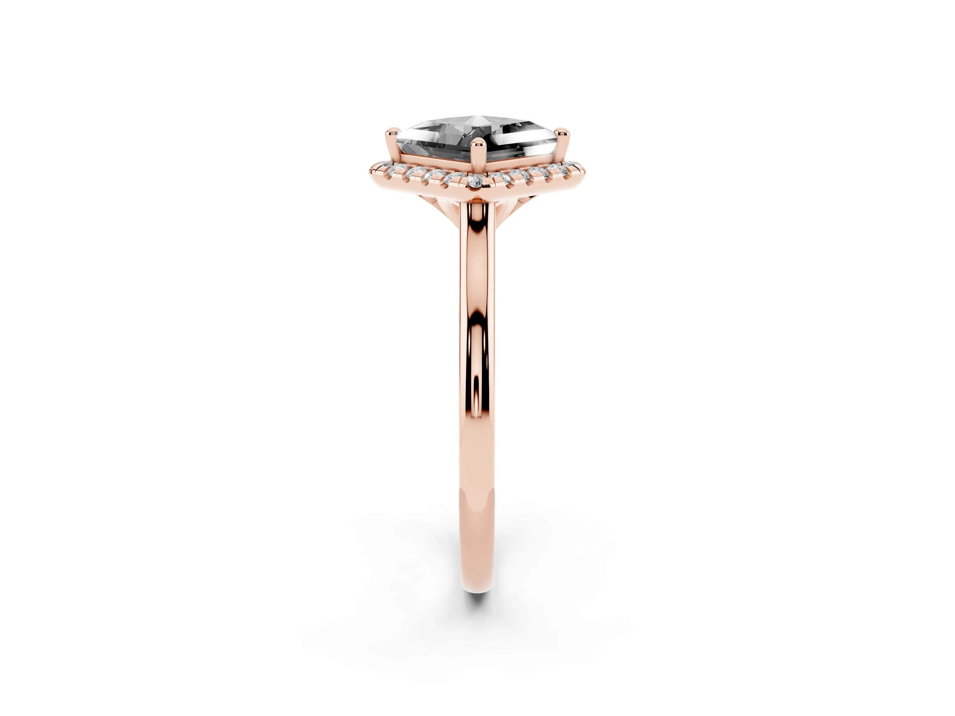 Fancy Black Princess Cut Diamond Halo Engagement Ring Set in Rose gold with Pavé Band and Rising Shoulders