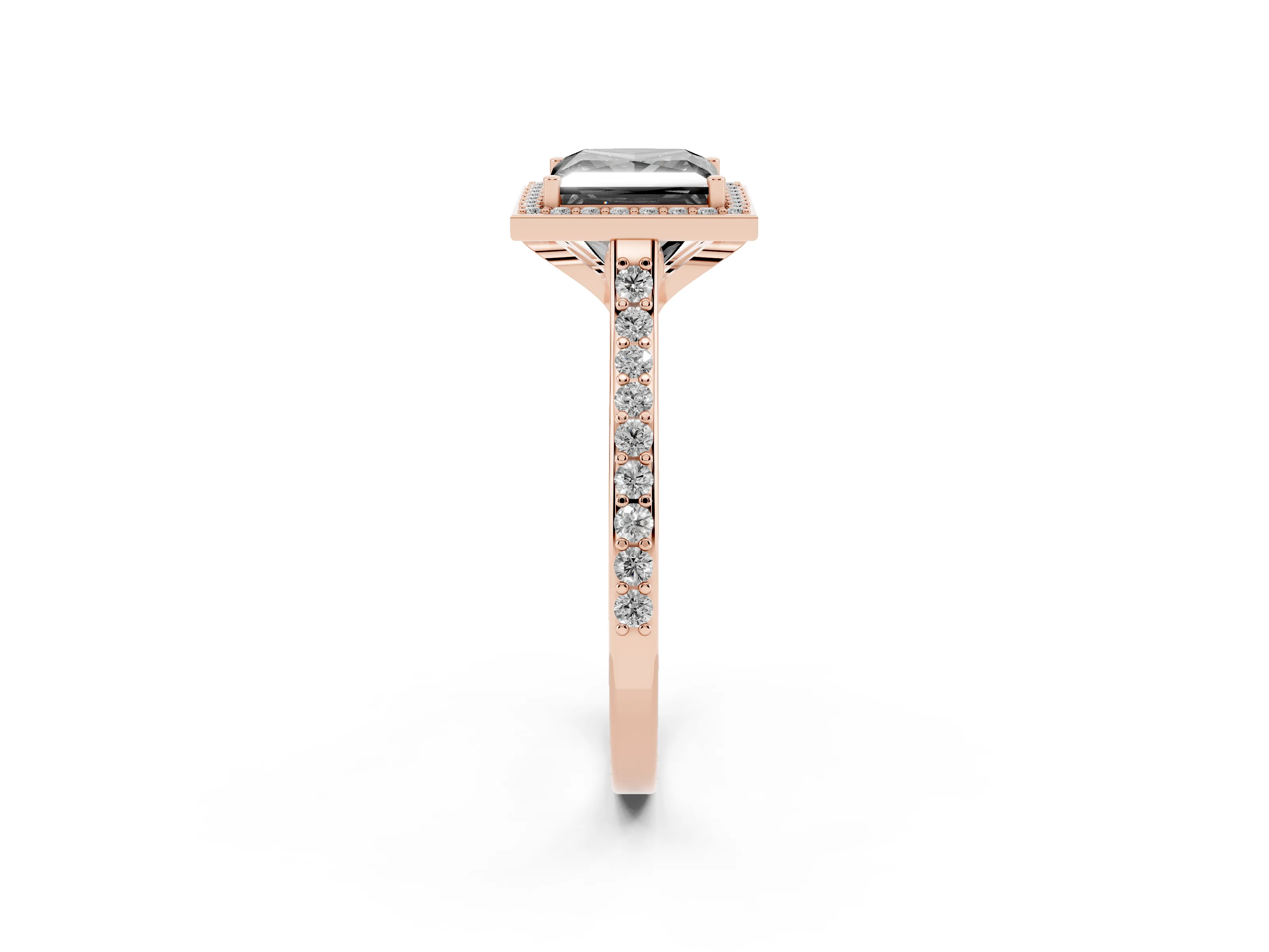 Fancy Black Princess Cut Diamond Halo Engagement Ring Set in Rose gold with Round Pavé Shoulders and Heart Gallery