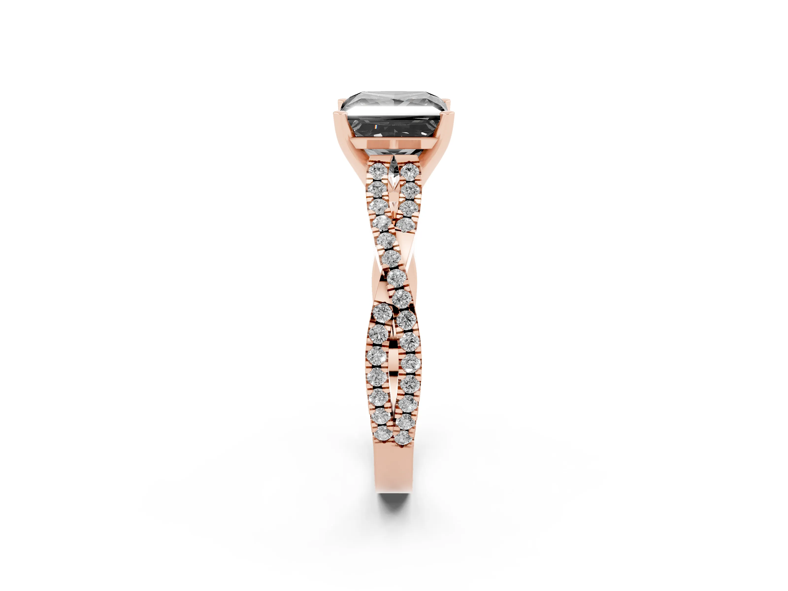 Fancy Black Princess Cut Diamond Solitaire Engagement Ring Set in Rose gold with Twisted Pavé Band and Prong Setting