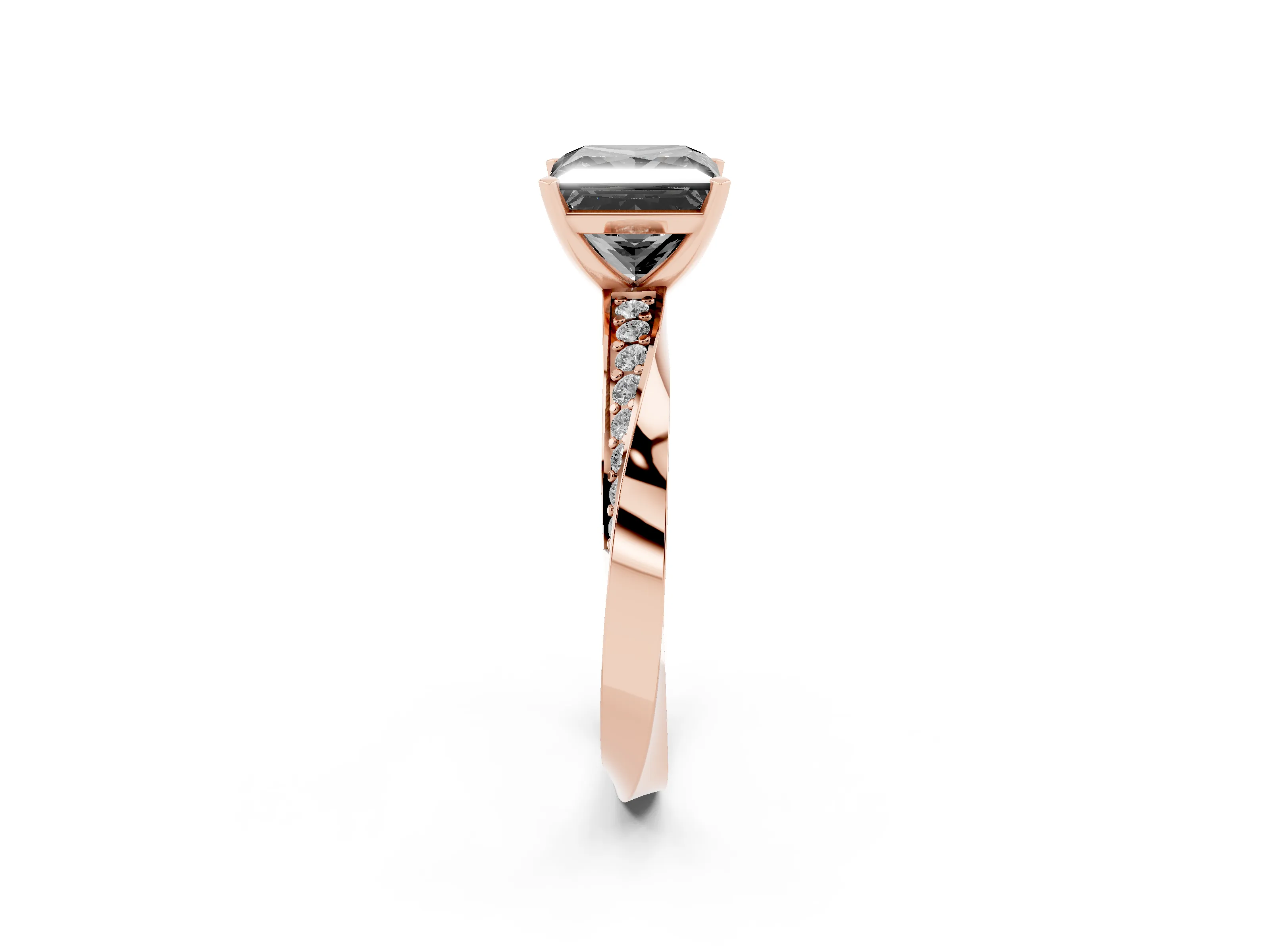 Fancy Black Princess Cut Diamond Engagement Ring Set in Rose gold with Side Stone Accents and Prong Setting