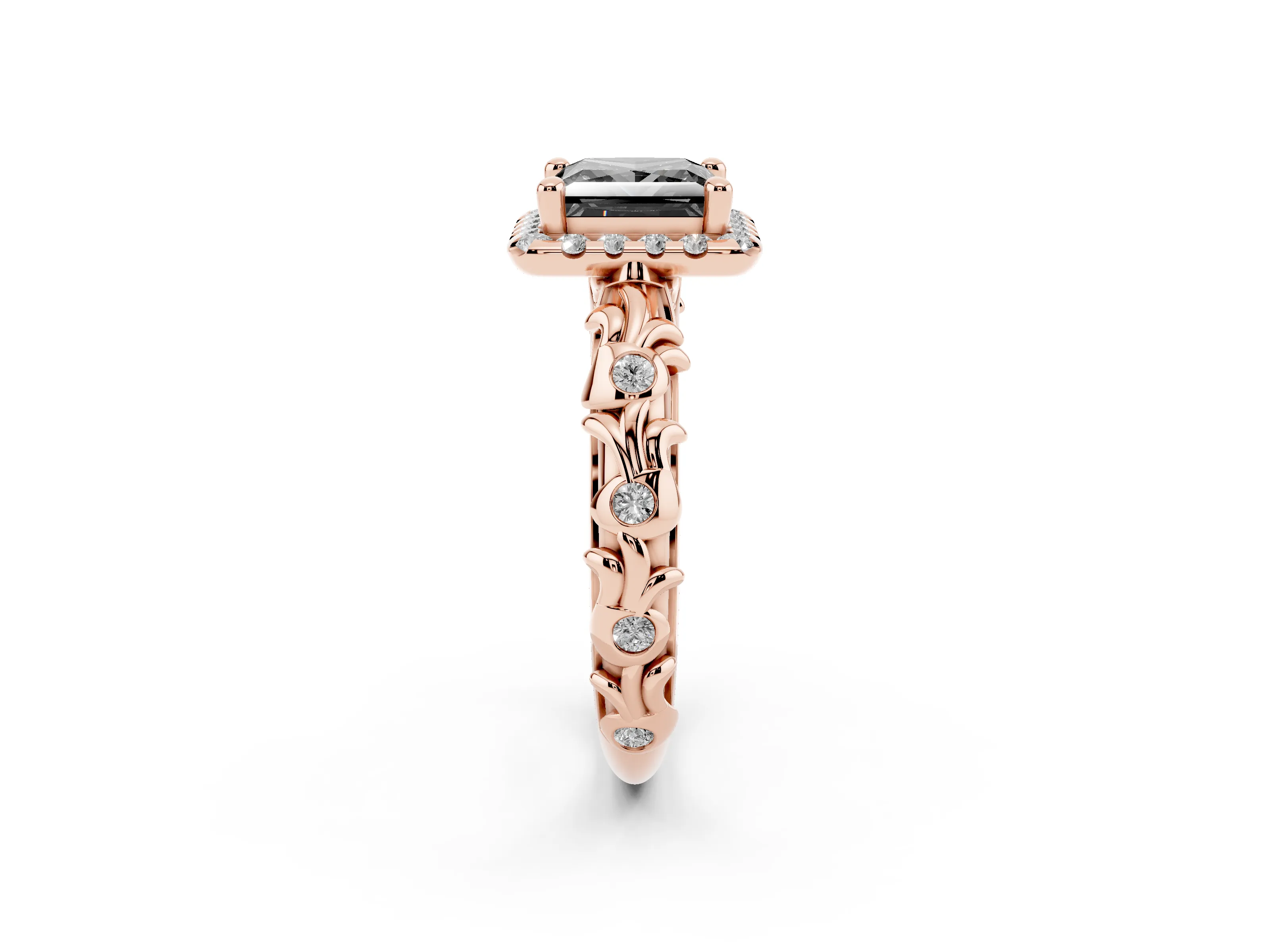 Fancy Black Princess Cut Diamond Halo Ring Set in Rose gold with Filigree Leaf Band and Prong Setting