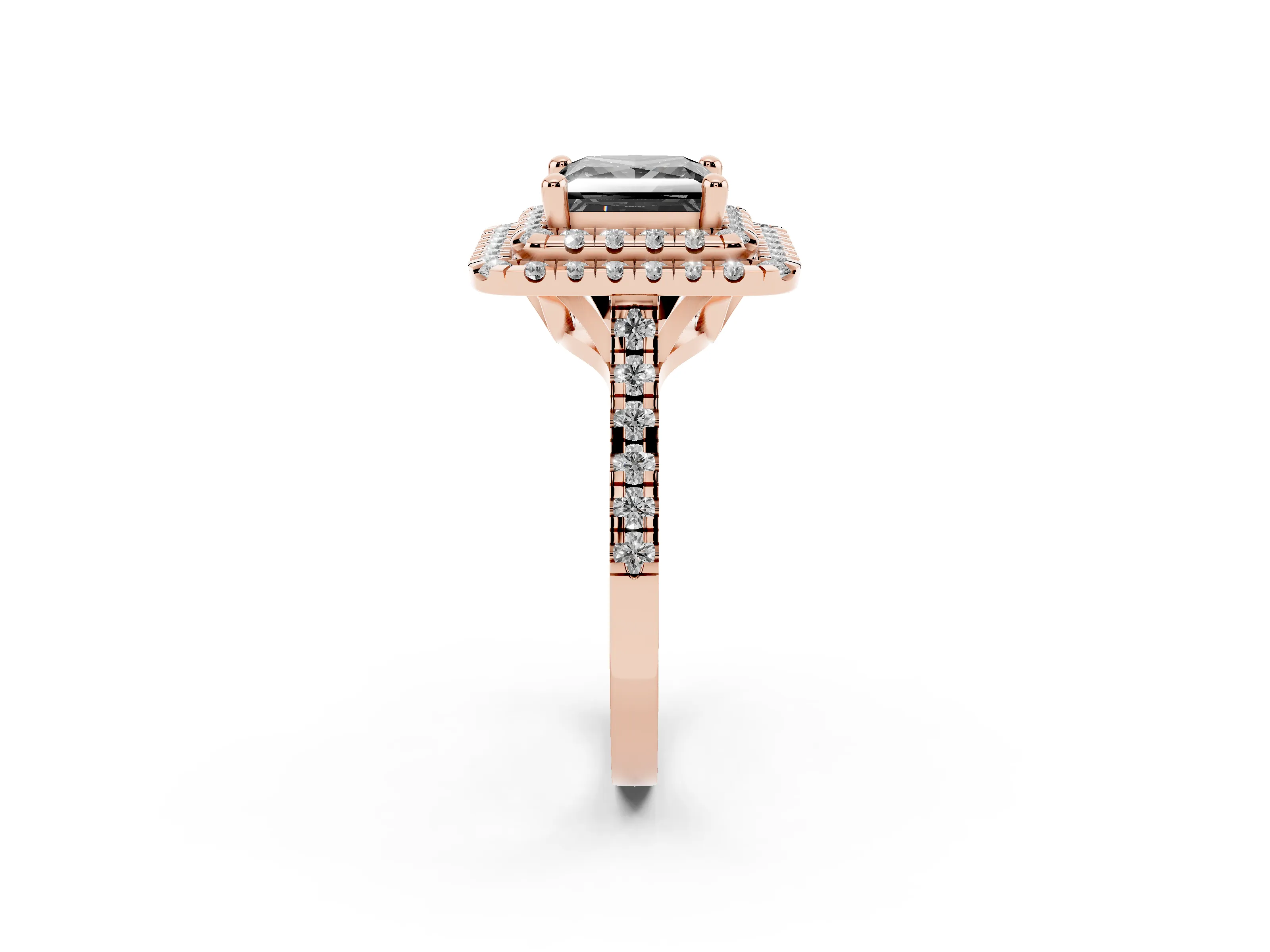 Fancy Black Princess Cut Diamond Double Halo Statement Ring Set in Rose gold with Pavé Band