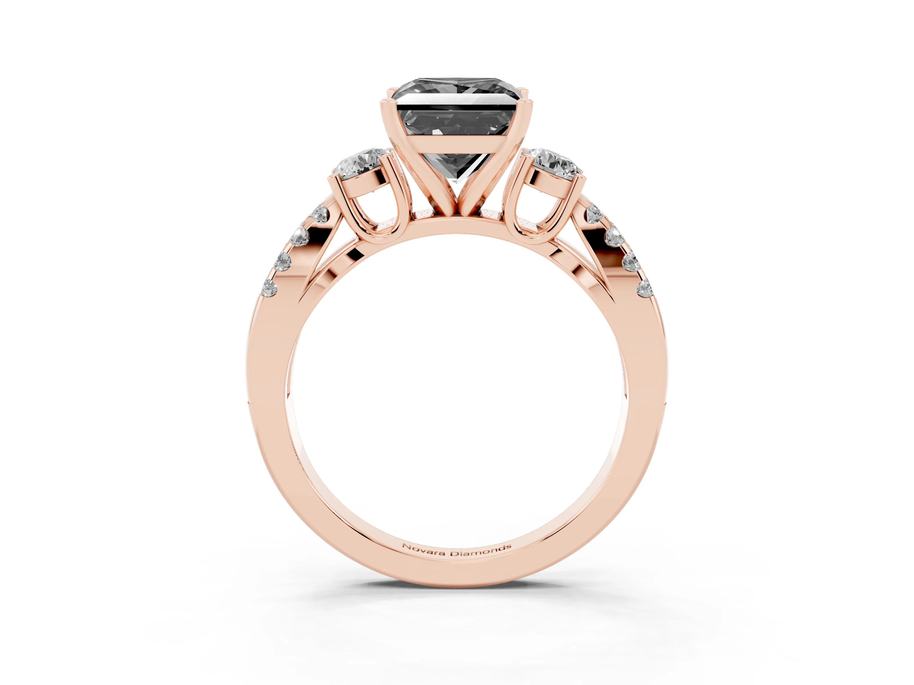 Fancy Black Princess Cut Diamond Three-Stone Ring Set in Rose gold with Pavé Split Shank and Prong Setting