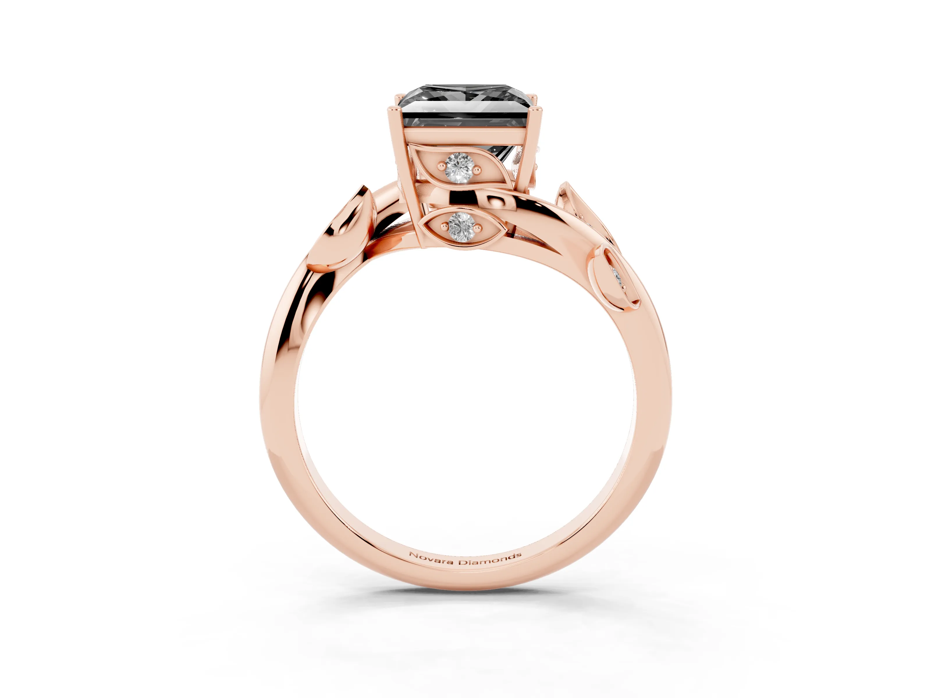 Fancy Black Princess Cut Diamond Solitaire Twist Engagement Ring Set in Rose gold with Pavé Leaf Accents