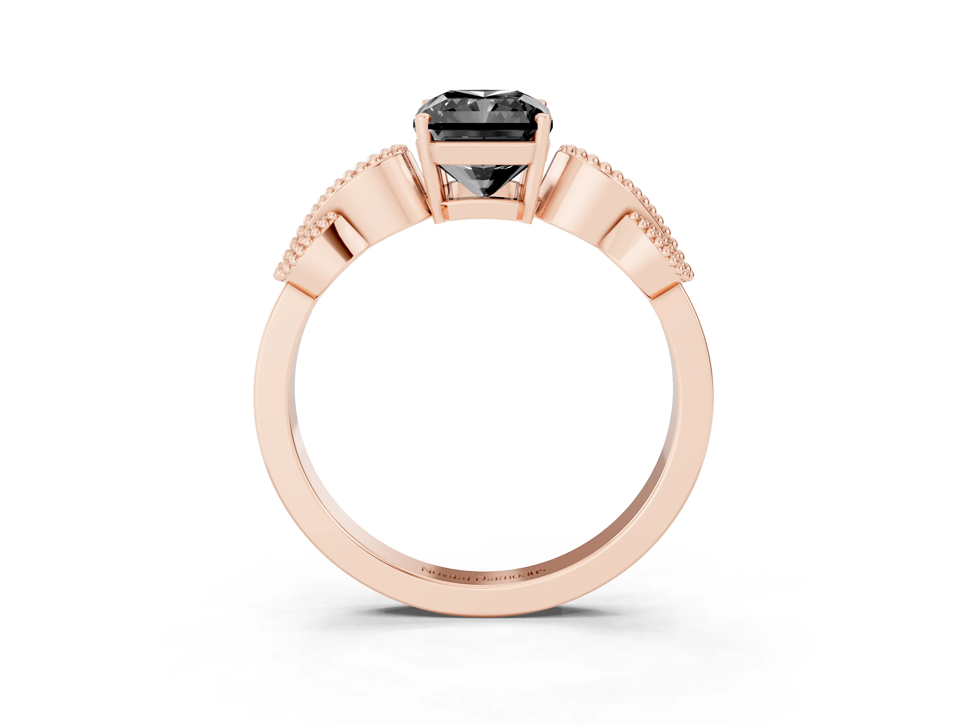 Fancy Black Princess Cut Diamond Milgrain Leaf Band Solitaire Ring Set in Rose gold with Accent Stones and Prong Setting