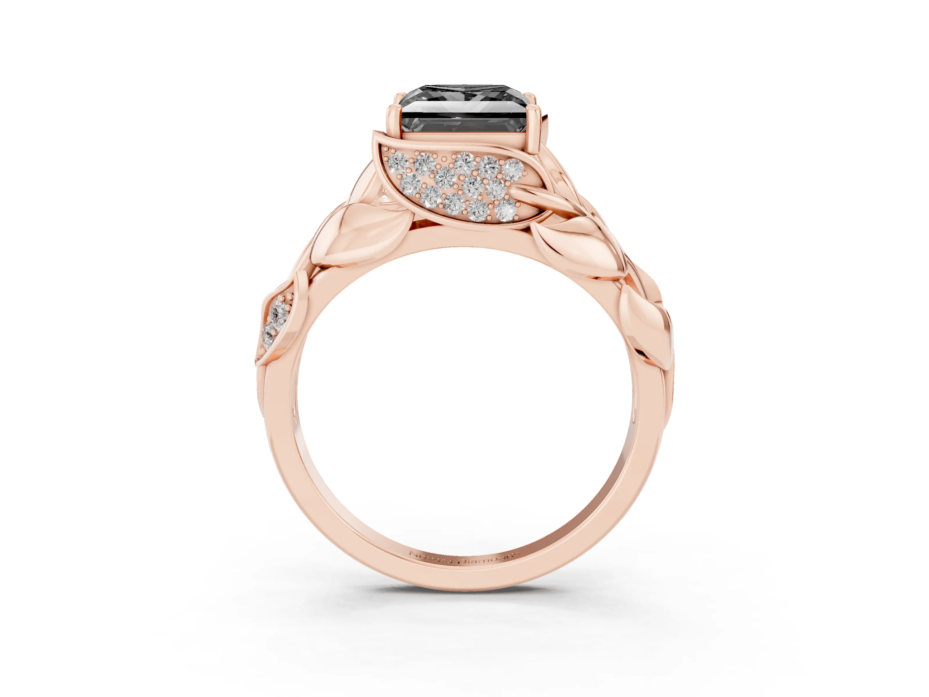 Fancy Black Princess Cut Diamond Leaf-Inspired Engagement Ring Set in Rose gold with Round Accents