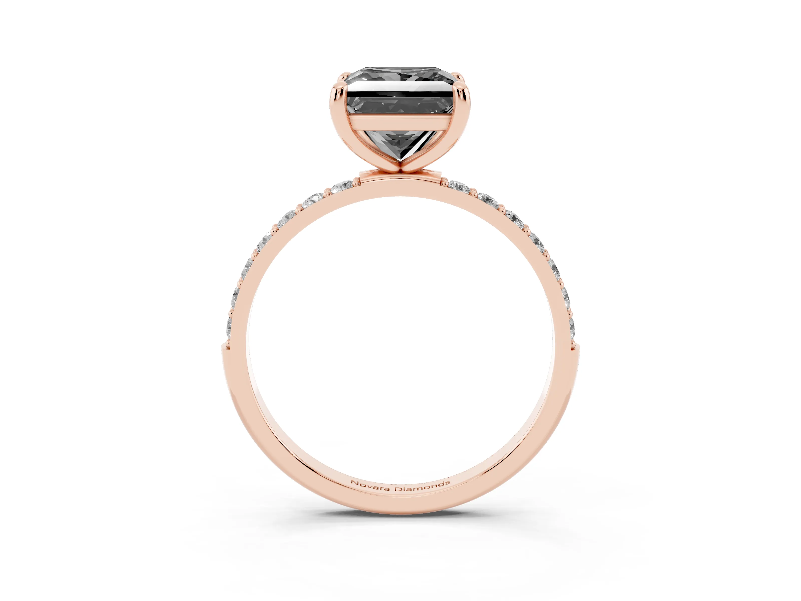 Fancy Black Princess Cut Diamond Solitaire Ring Set in Rose gold with Round Pavé Band and Prong Setting