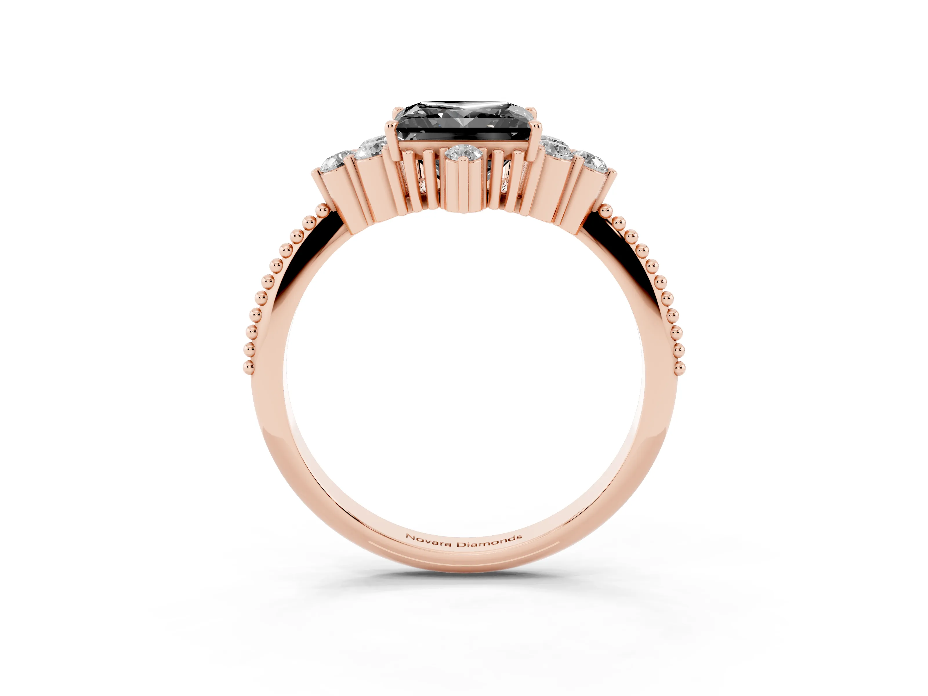 Fancy Black Princess Cut Diamond Cluster Ring Set in Rose gold with Beaded Band