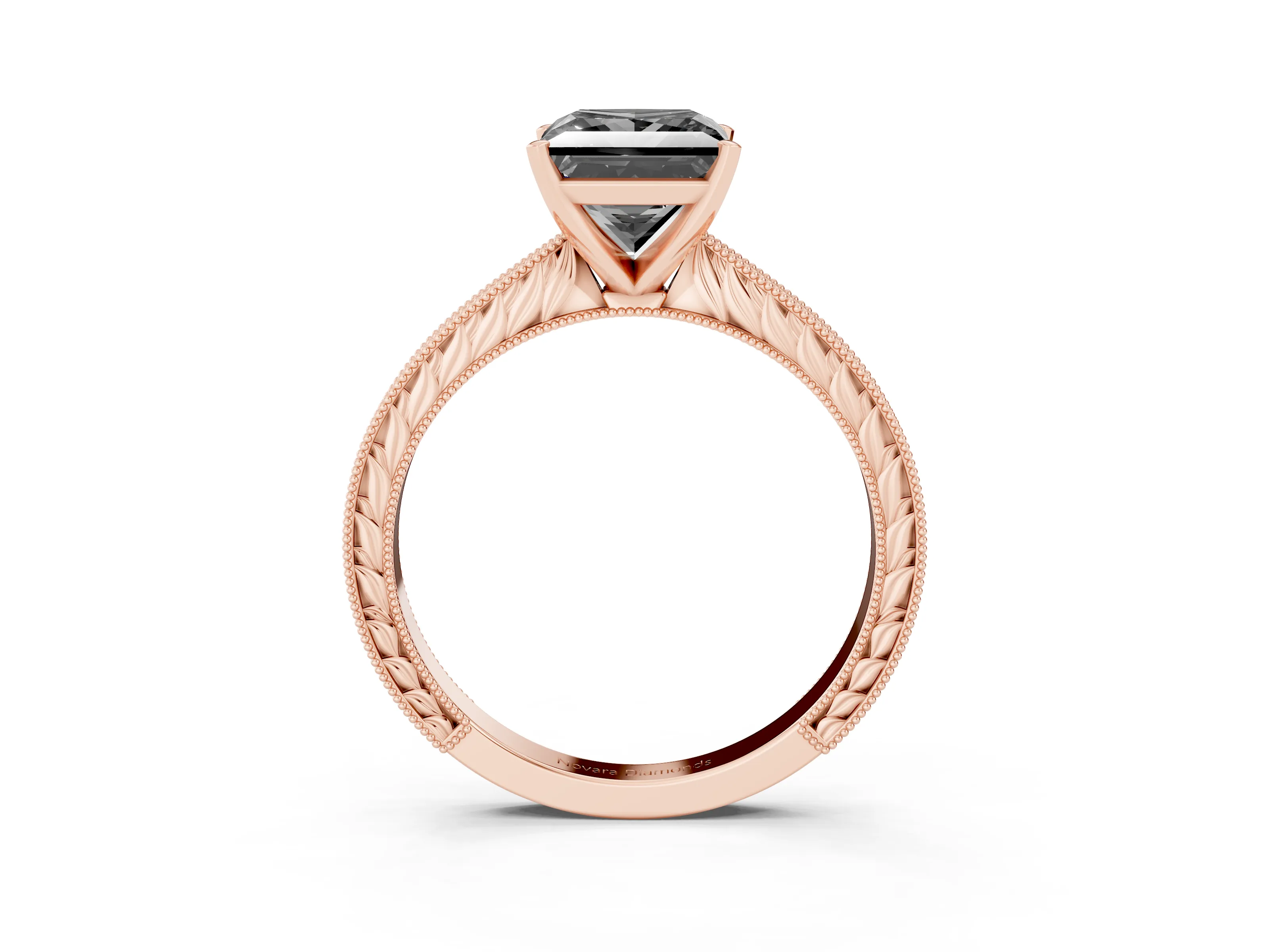Fancy Black Princess Cut Diamond Solitaire Milgrain Engraved Band Set in Rose gold with Prong Setting