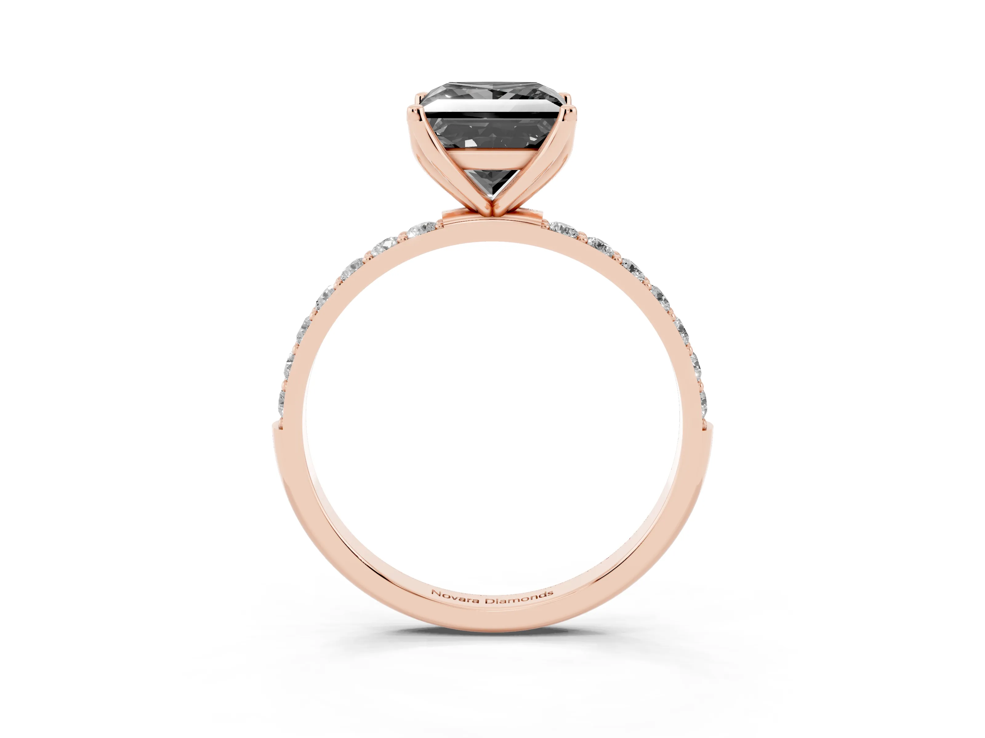 Fancy Black Princess Cut Diamond Solitaire Engagement Ring Set in Rose gold with Round Pavé Band and Prong Setting