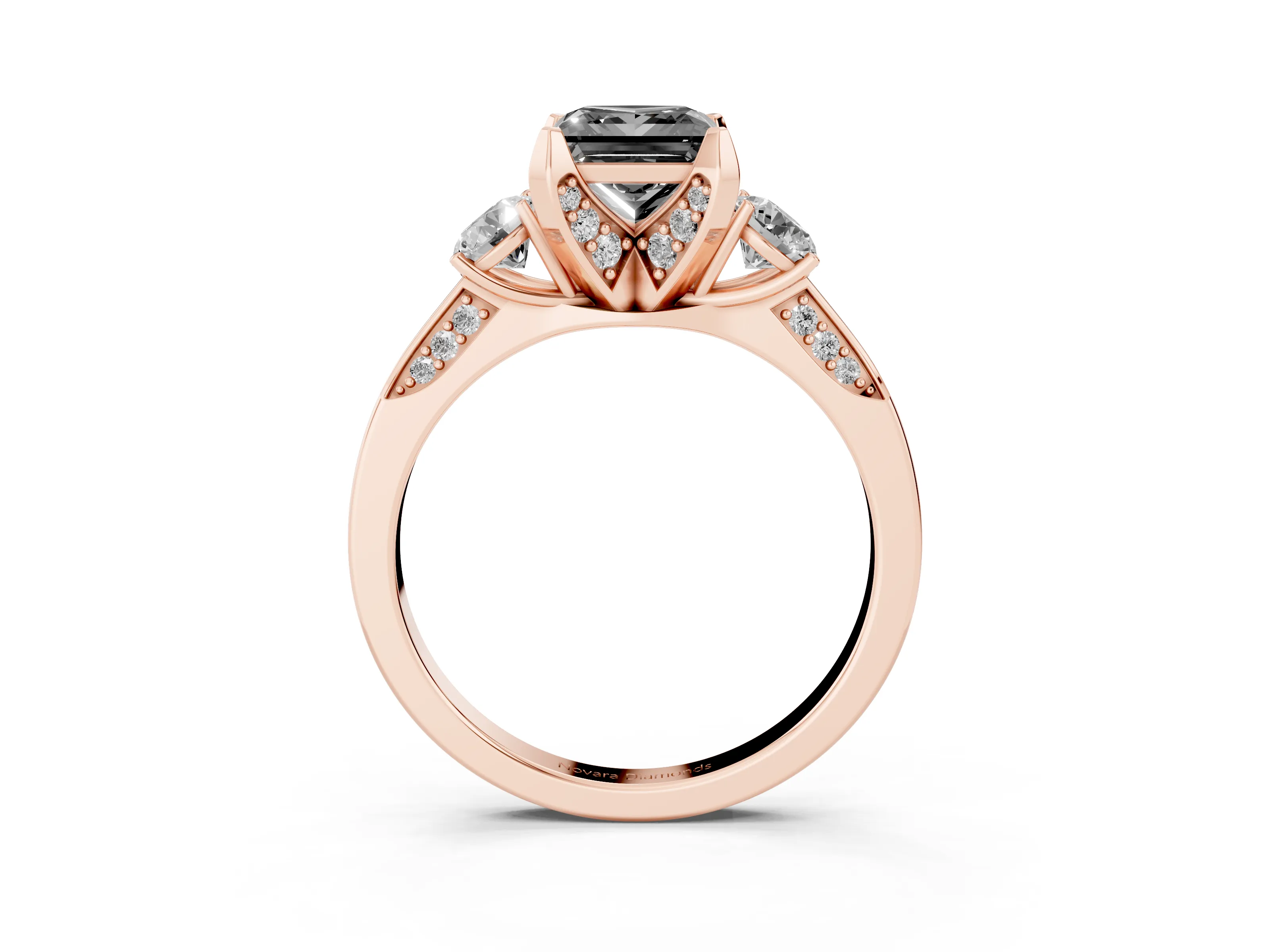 Fancy Black Princess Cut Diamond Three-Stone Ring Set in Rose gold with Pavé Band and Smaller Side Stones