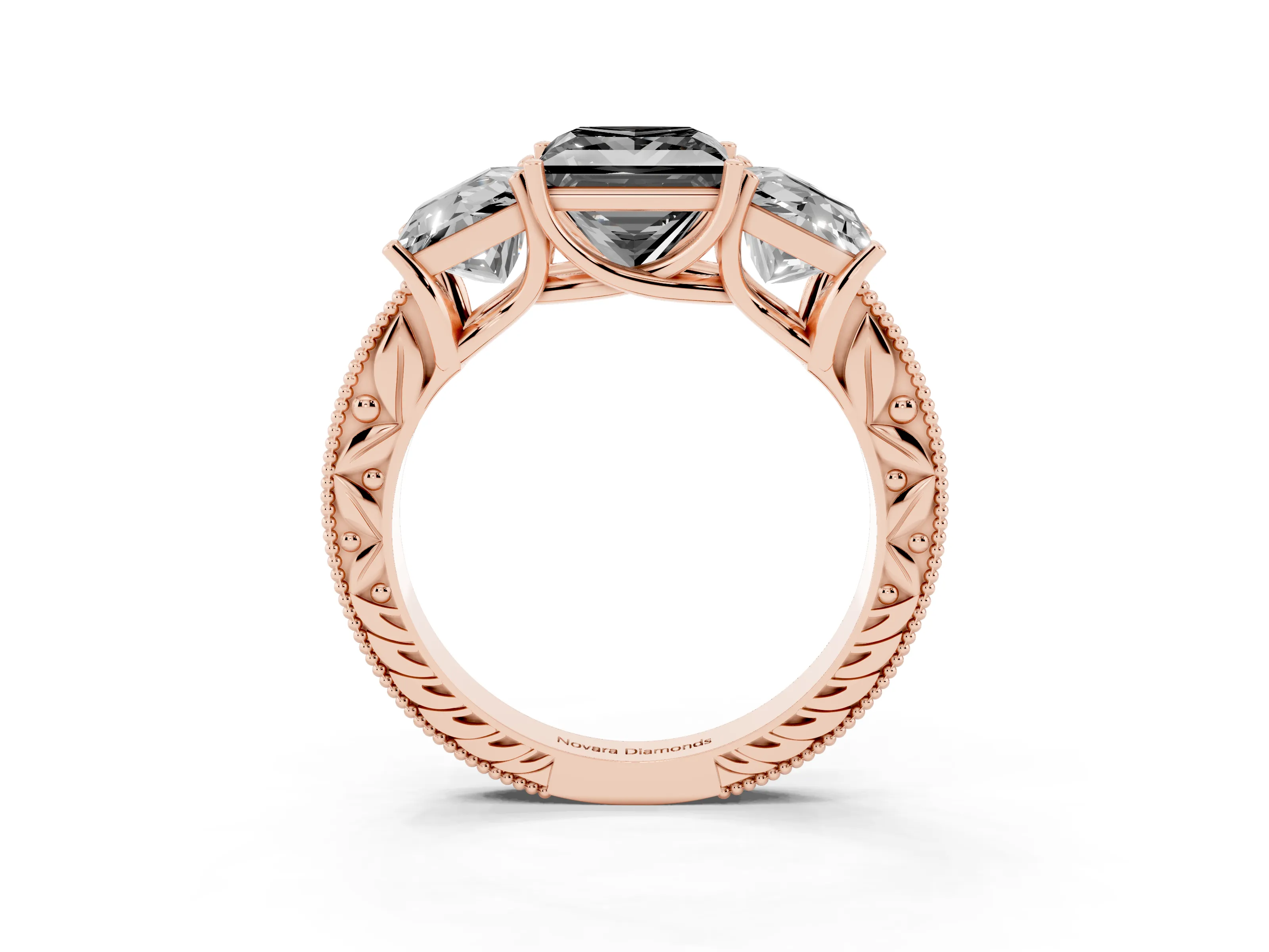 Fancy Black Princess Cut Diamond Three-Stone Engagement Ring Set in Rose gold with Milgrain Pavé Band