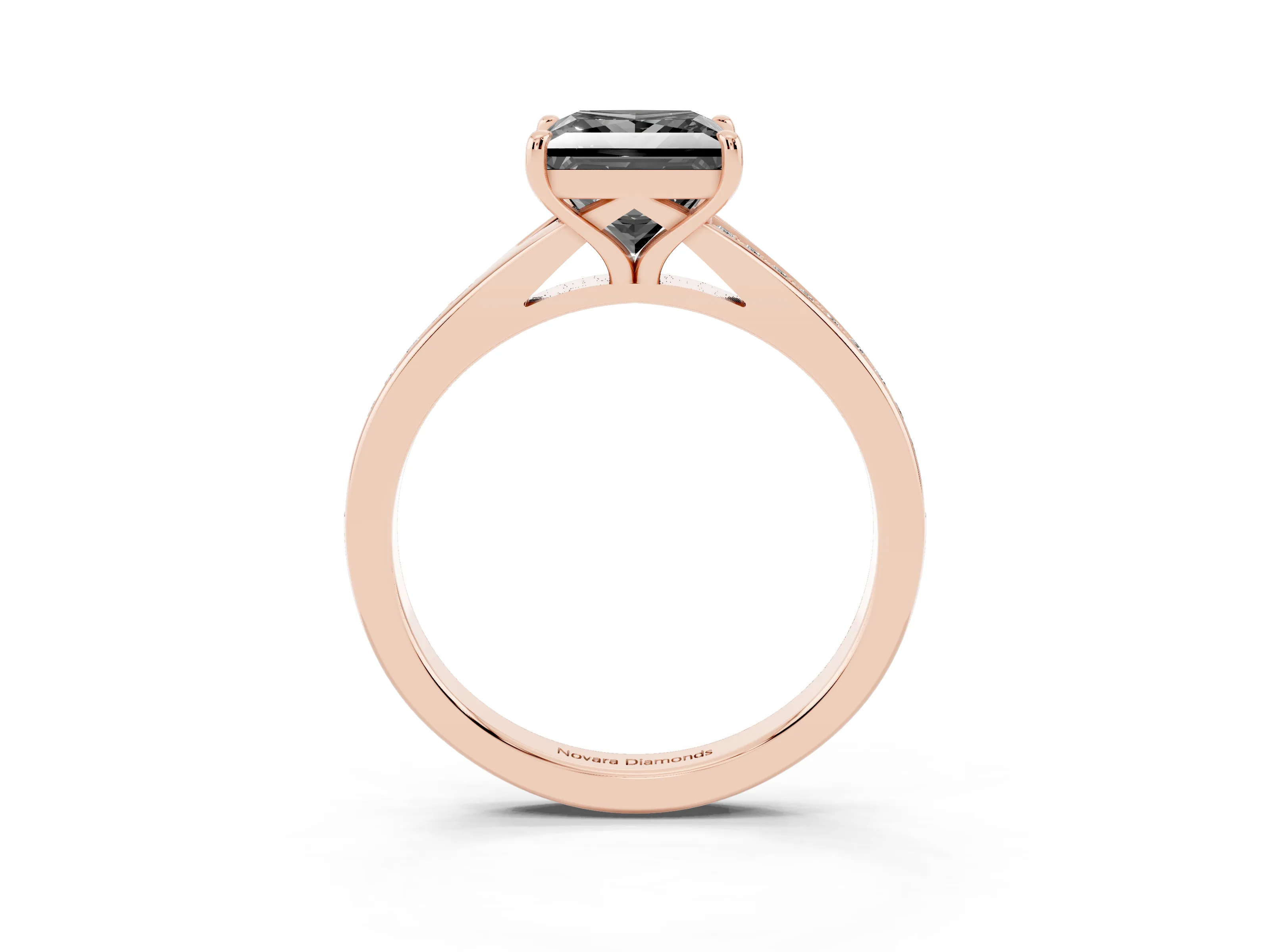 Fancy Black Princess Cut Diamond Solitaire Ring Set in Rose gold with Pavé Accent Band and Classic Prong Setting