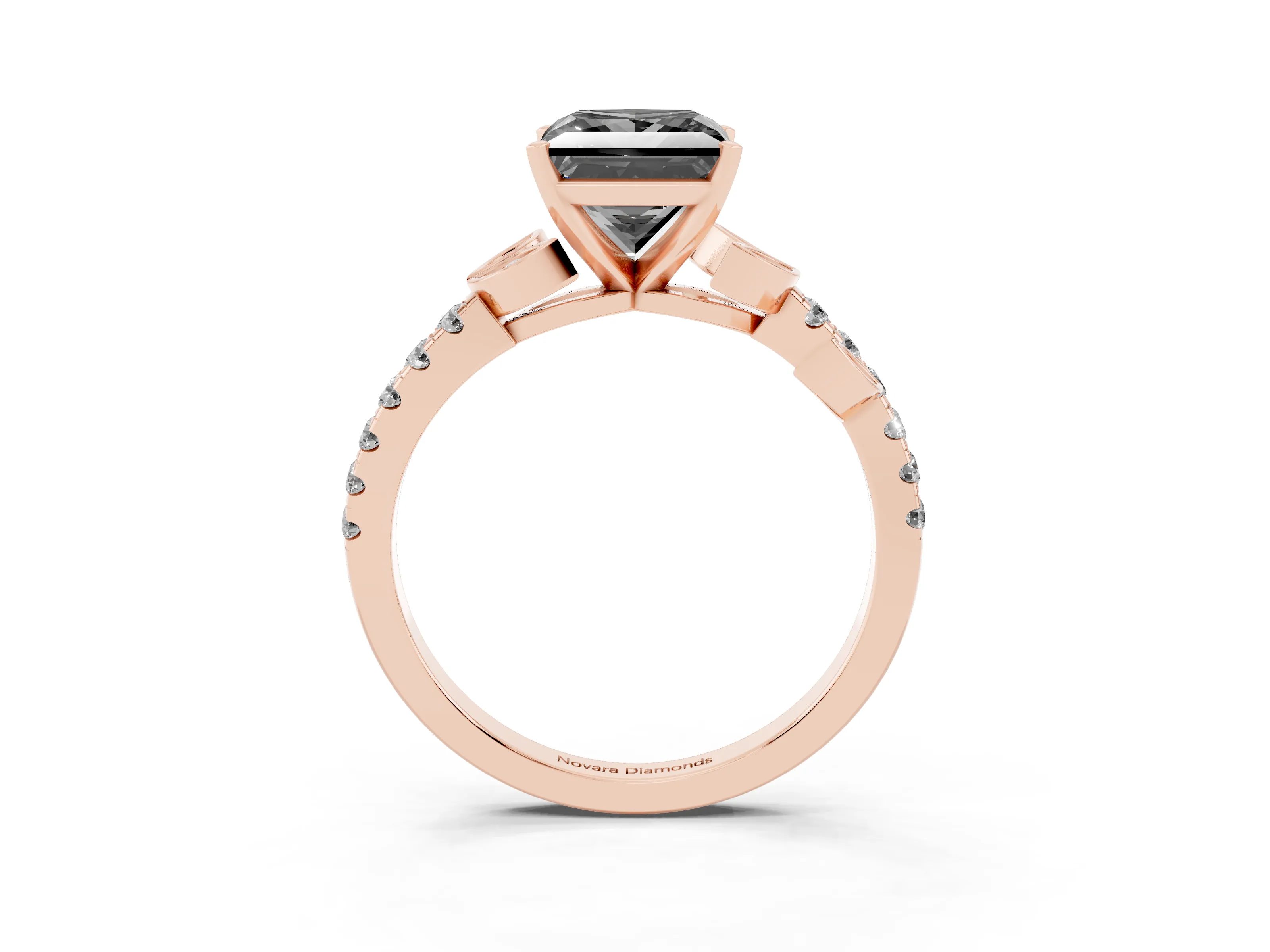 Fancy Black Princess Cut Diamond Solitaire Leaf-Inspired Ring Set in Rose gold with Pavé Band and Prong Setting