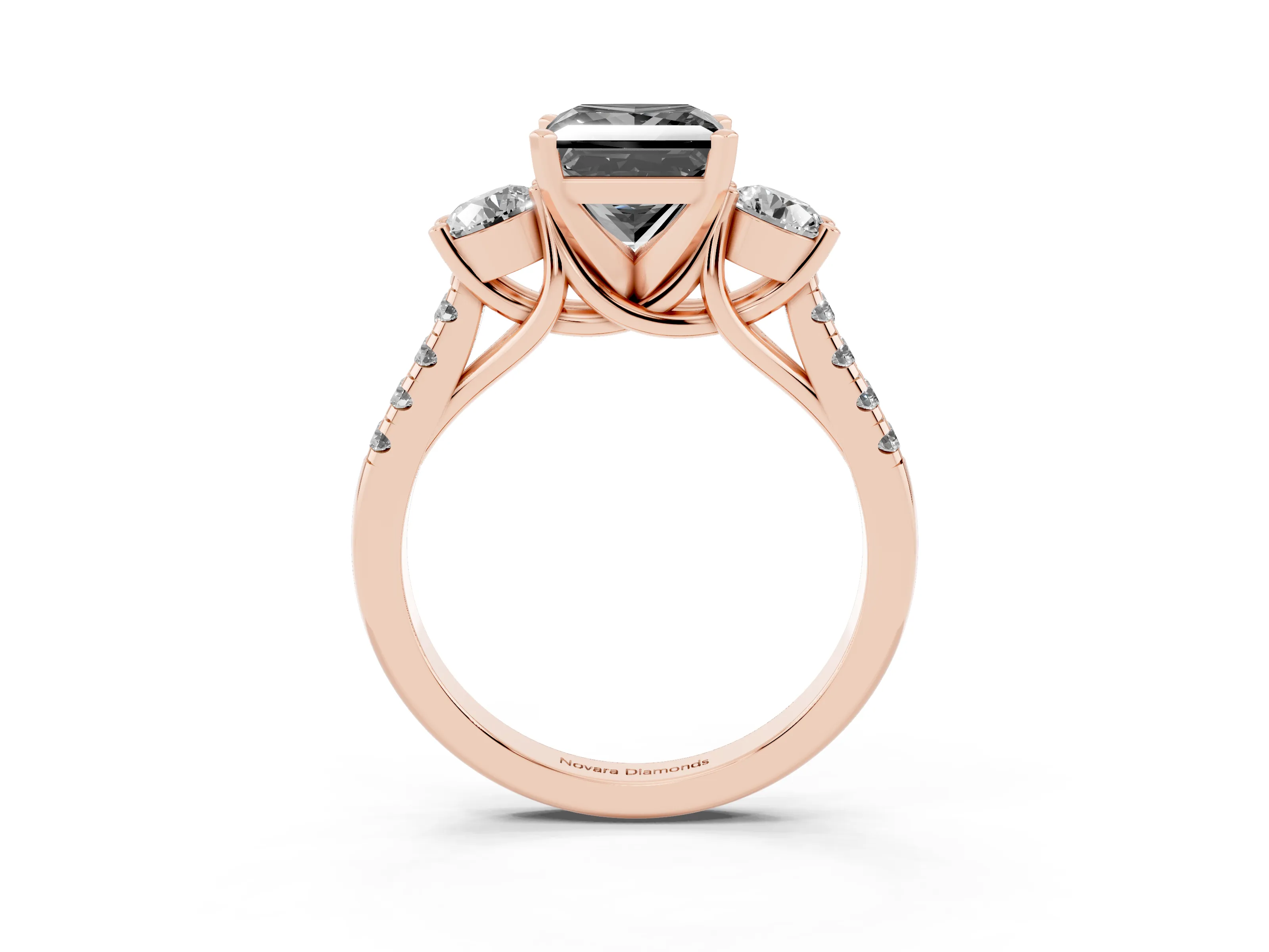 Fancy Black Three-Stone Princess Cut Diamond Pavé Band Ring Set in Rose gold with Prong-Set Trio