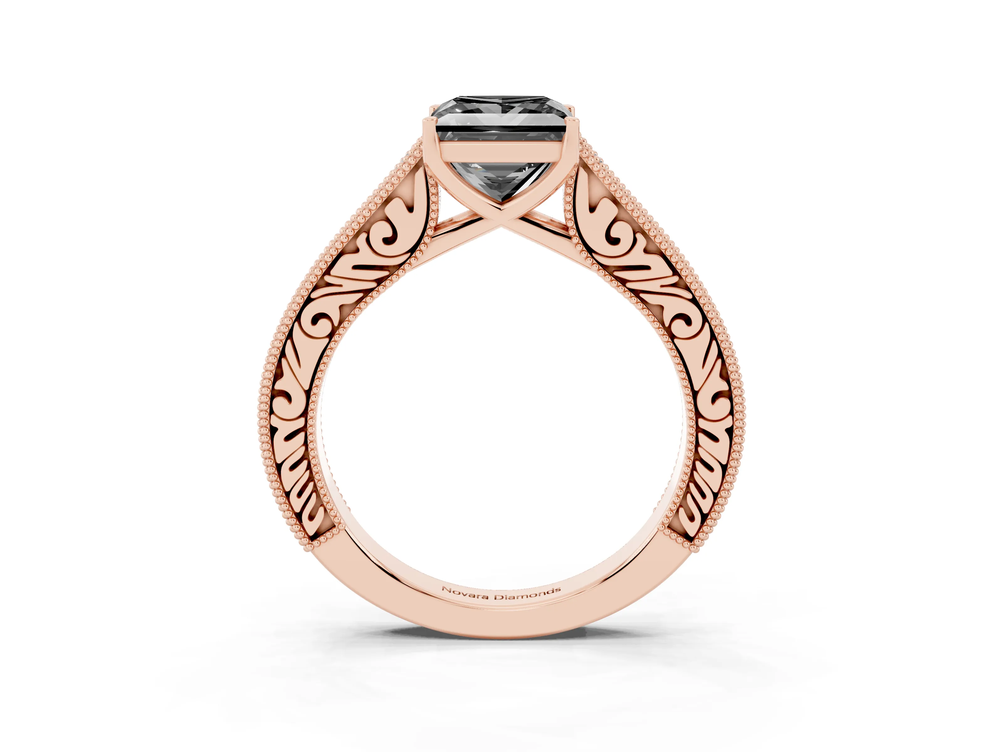 Fancy Black Princess Cut Diamond Milgrain Pavé Band Solitaire Ring Set in Rose gold with Prong Setting