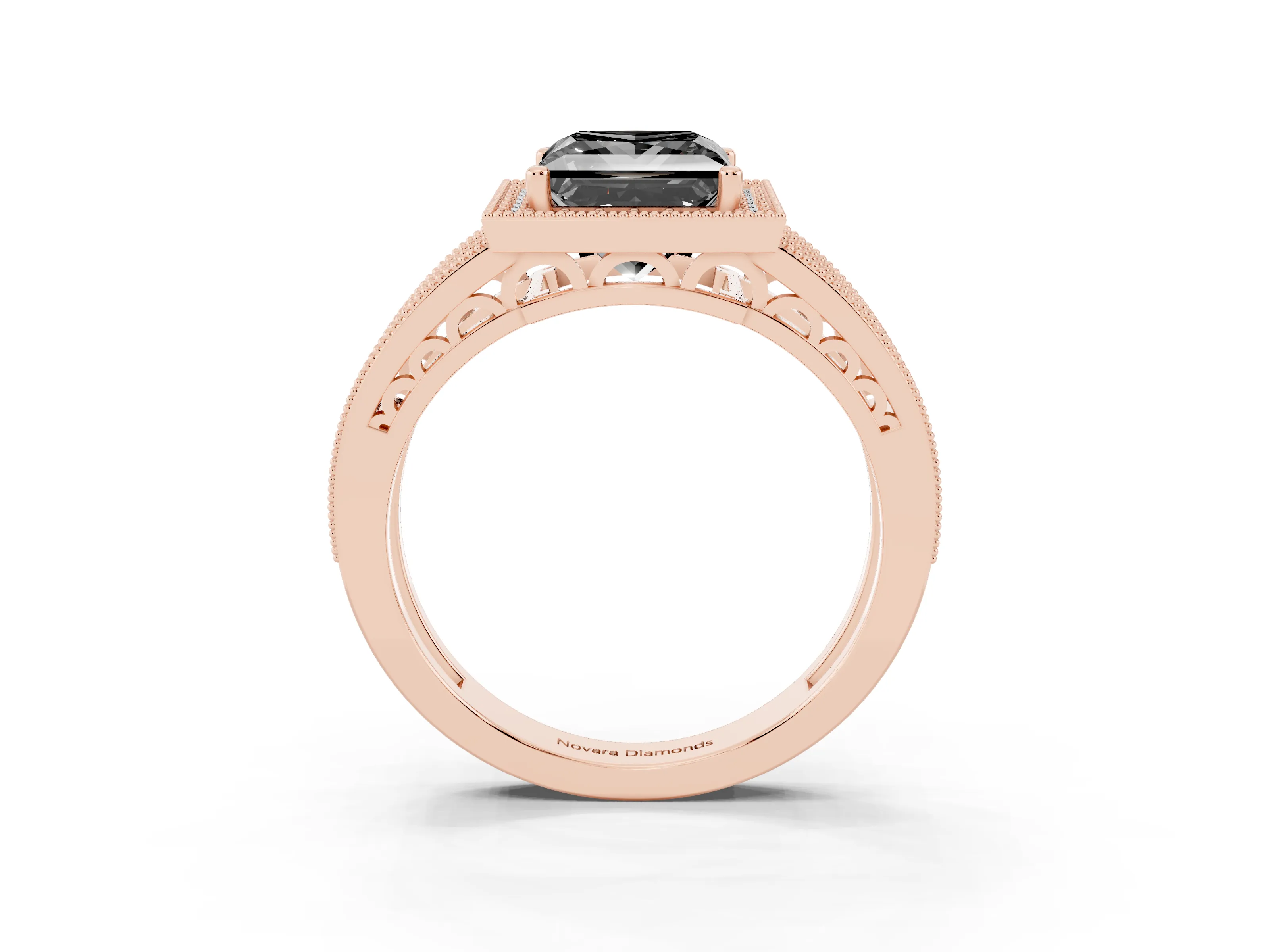 Fancy Black Princess Cut Diamond Halo Ring Set in Rose gold with Accent Split Shank and Prong Setting