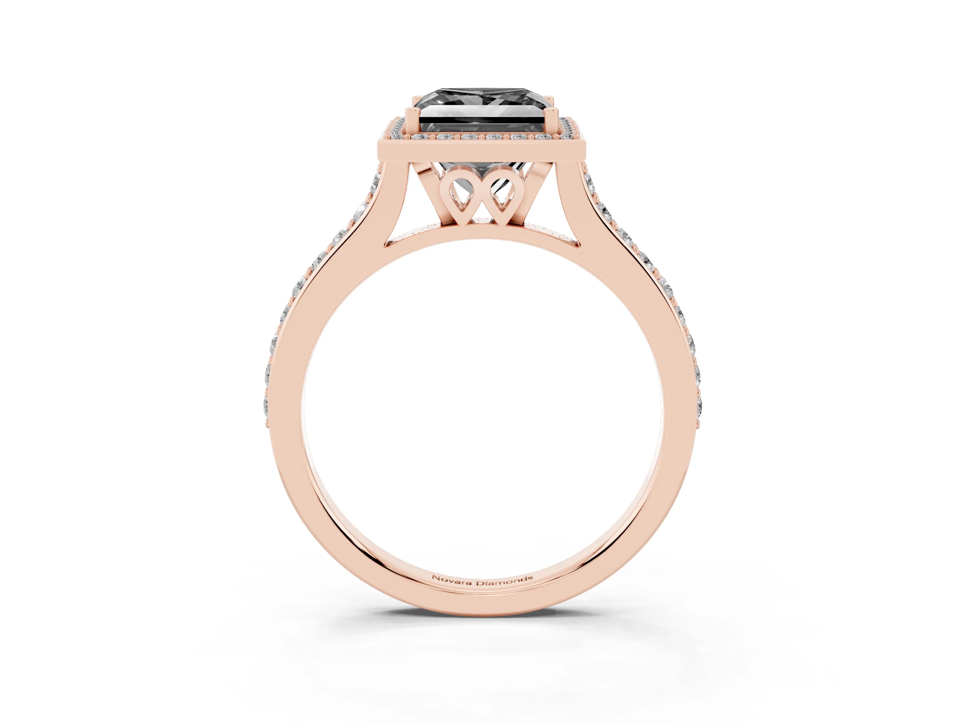 Fancy Black Princess Cut Diamond Halo Engagement Ring Set in Rose gold with Round Pavé Shoulders and Heart Gallery