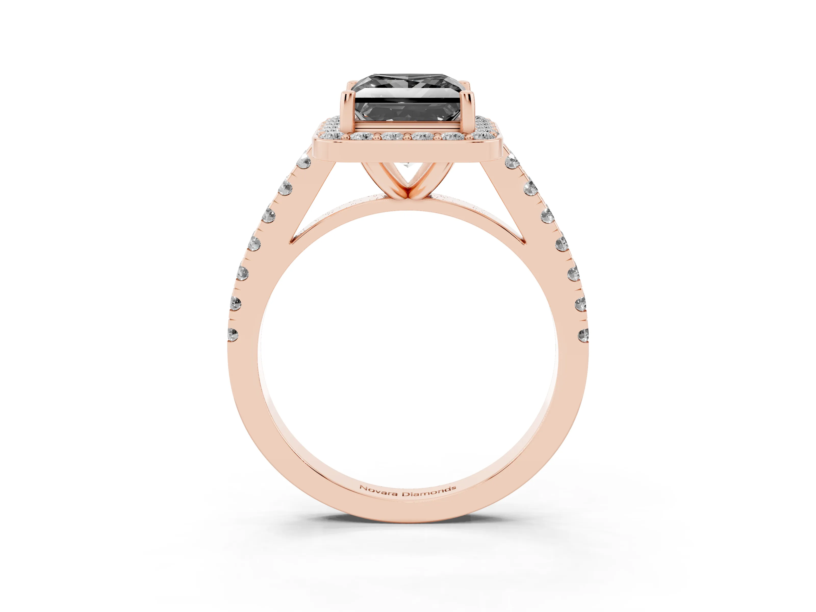 Fancy Black Princess Cut Diamond Halo Ring Set in Rose gold with Round Pavé Split Shank and Prong Setting