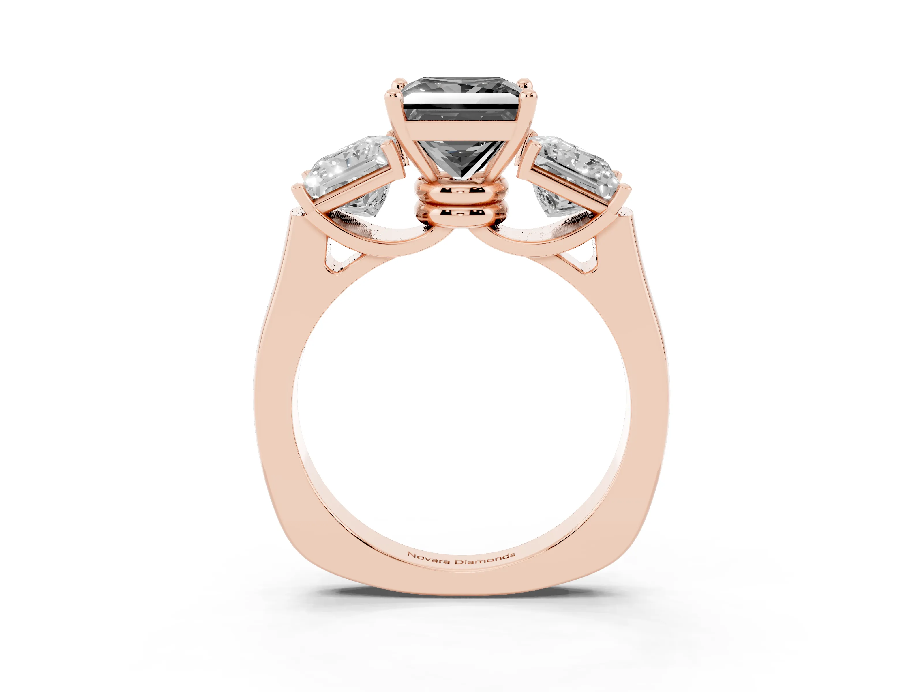 Fancy Black Princess Cut Diamond Three-Stone Trellis Ring Set in Rose gold with Comfort Fit Band