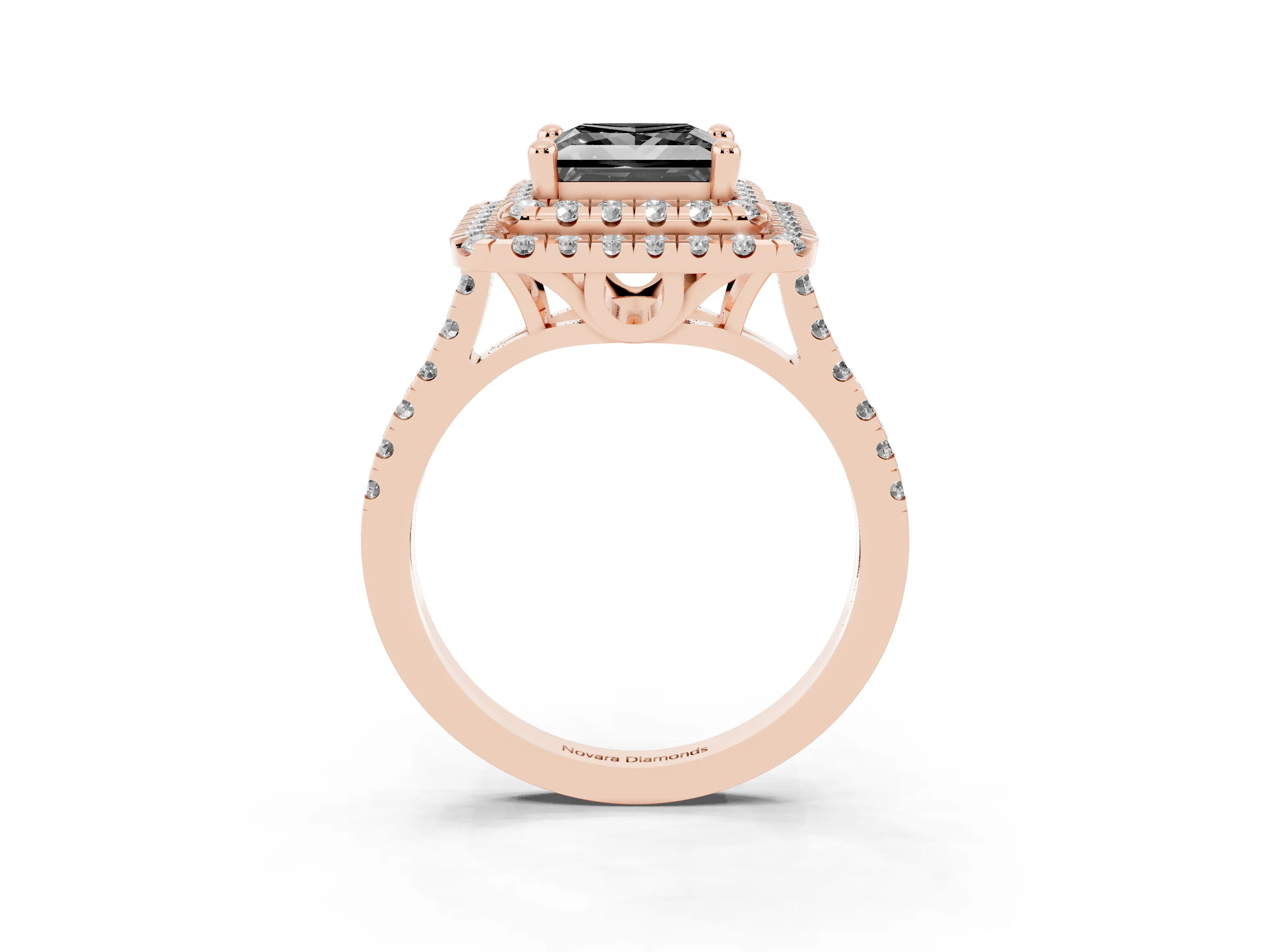 Fancy Black Princess Cut Diamond Double Halo Statement Ring Set in Rose gold with Pavé Band