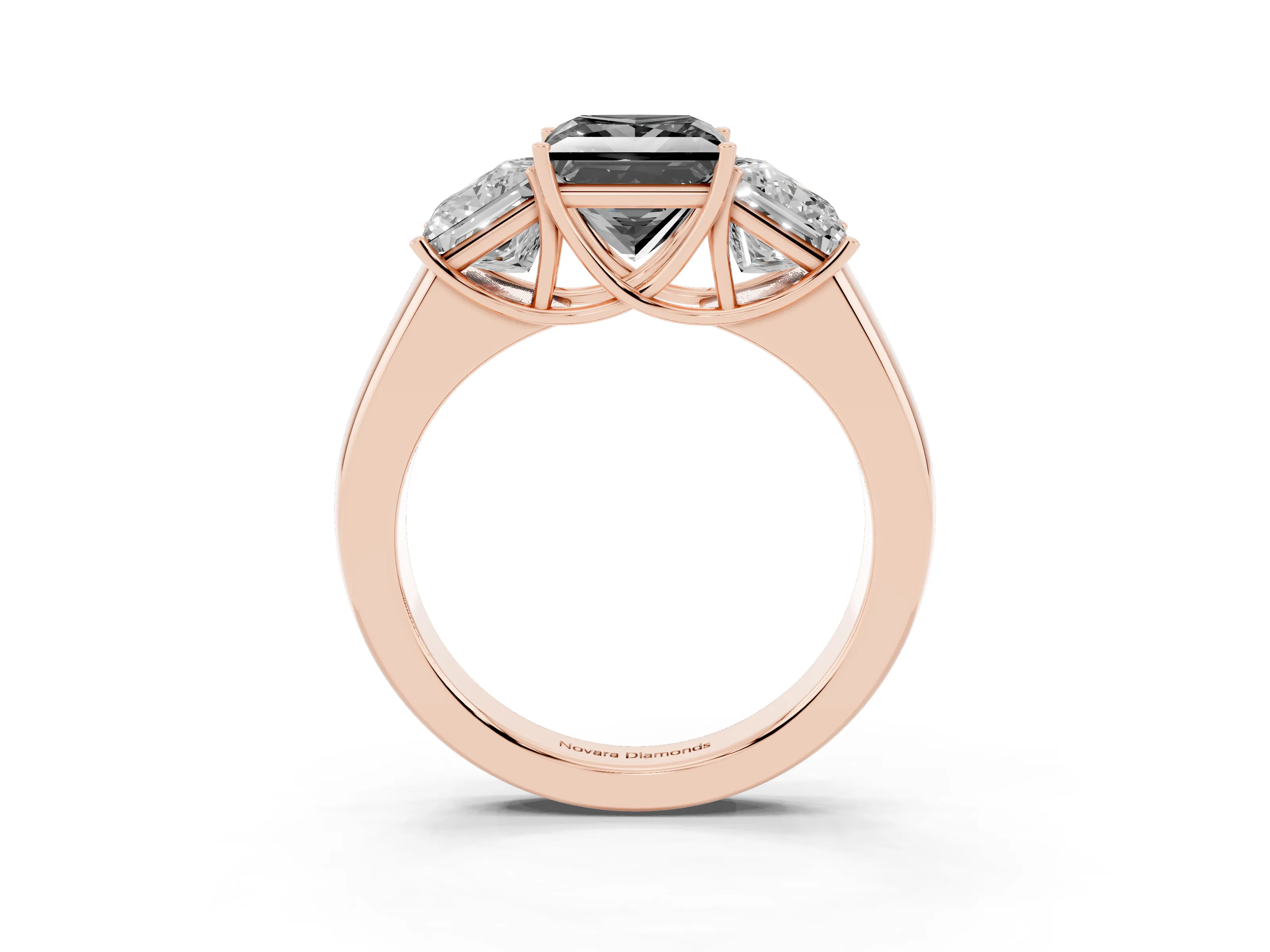 Fancy Black Three-Stone Princess Cut Diamond Ring Set in Rose gold with Matching Prong Settings and Plain Band
