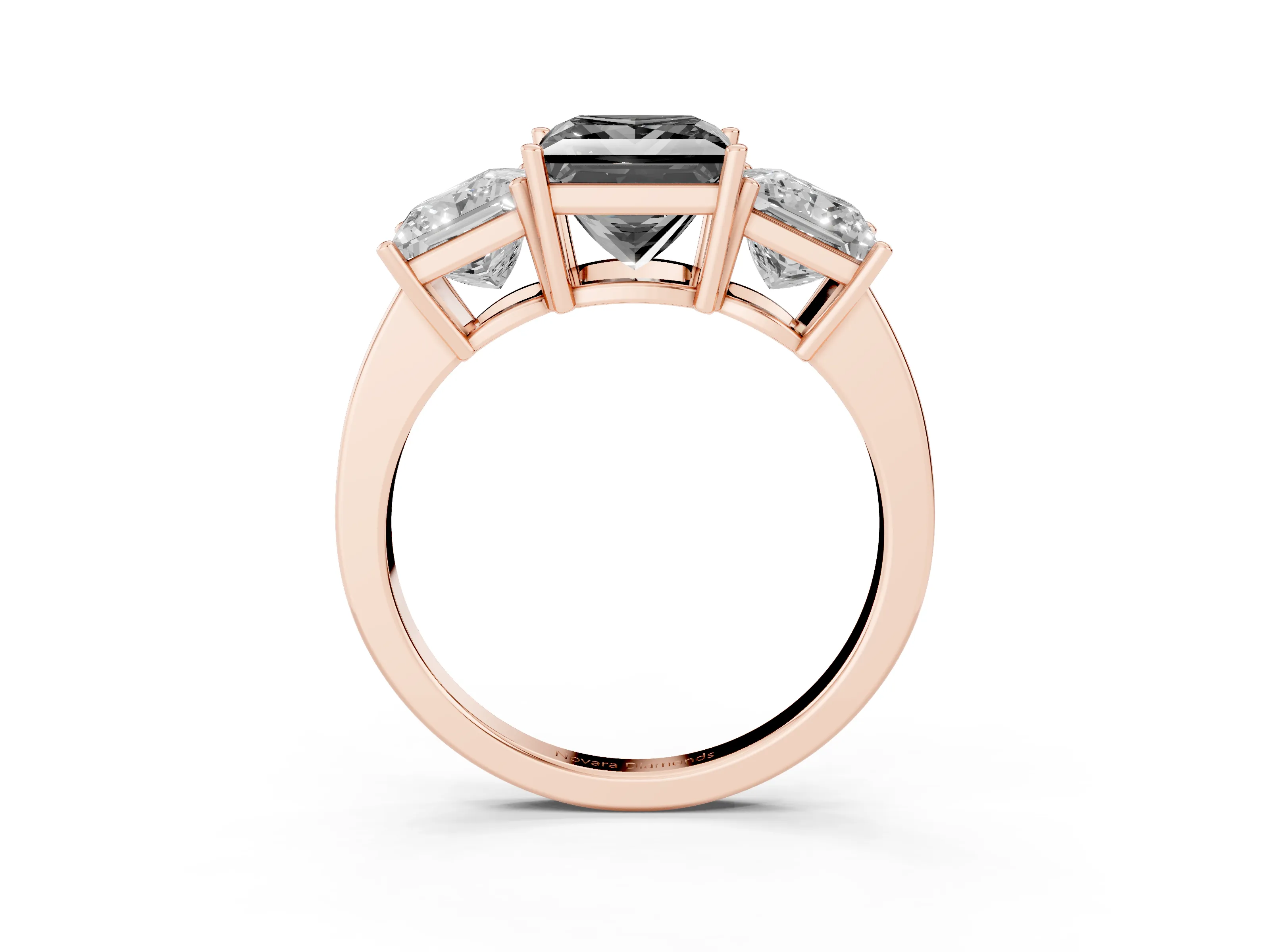 Fancy Black Princess Cut Diamond Three-Stone Engagement Ring Set in Rose gold with Flat Band
