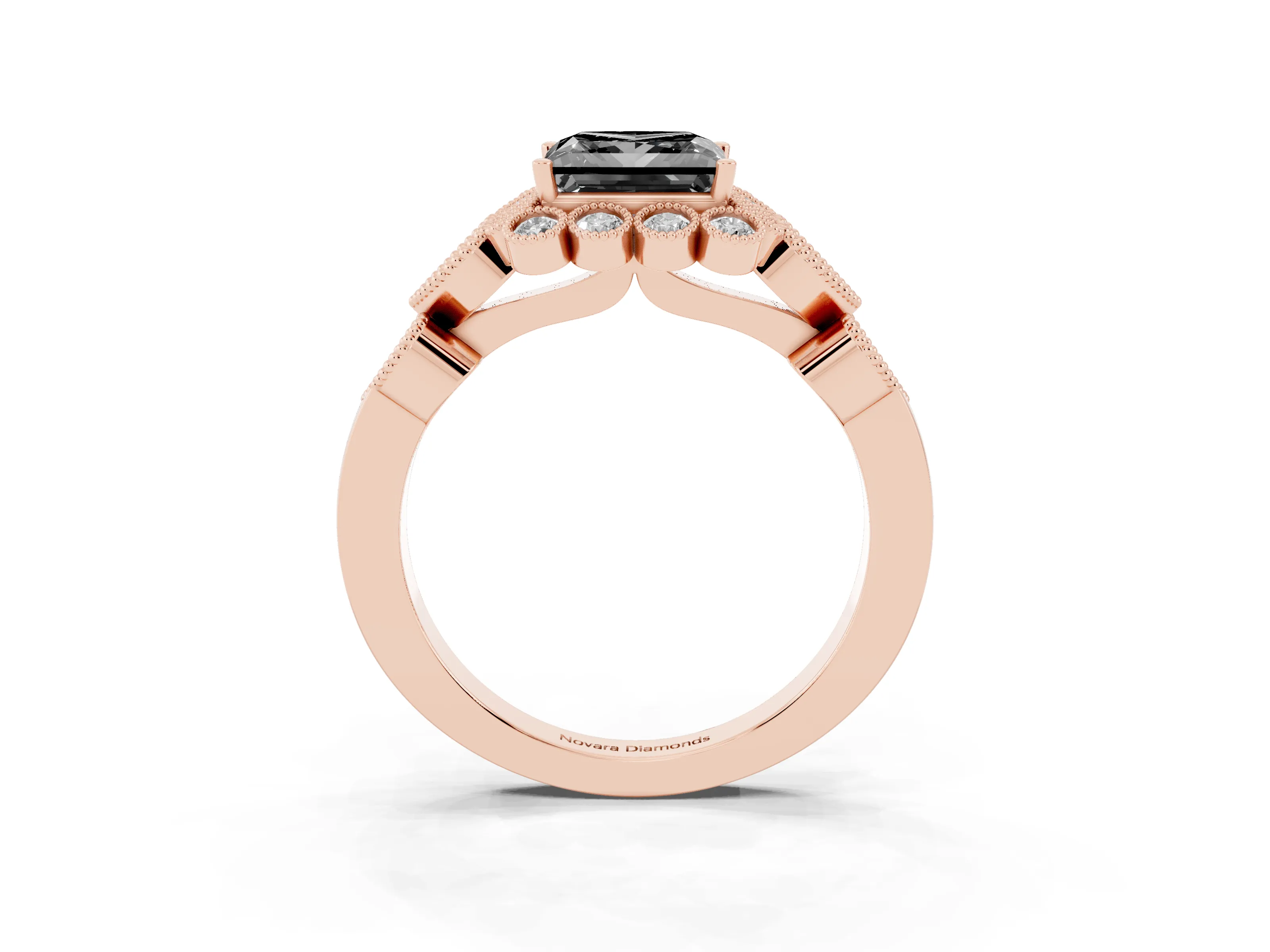 Fancy Black Princess Cut Diamond Solitaire Ring Set in Rose gold with Milgrain Pavé Heart Band