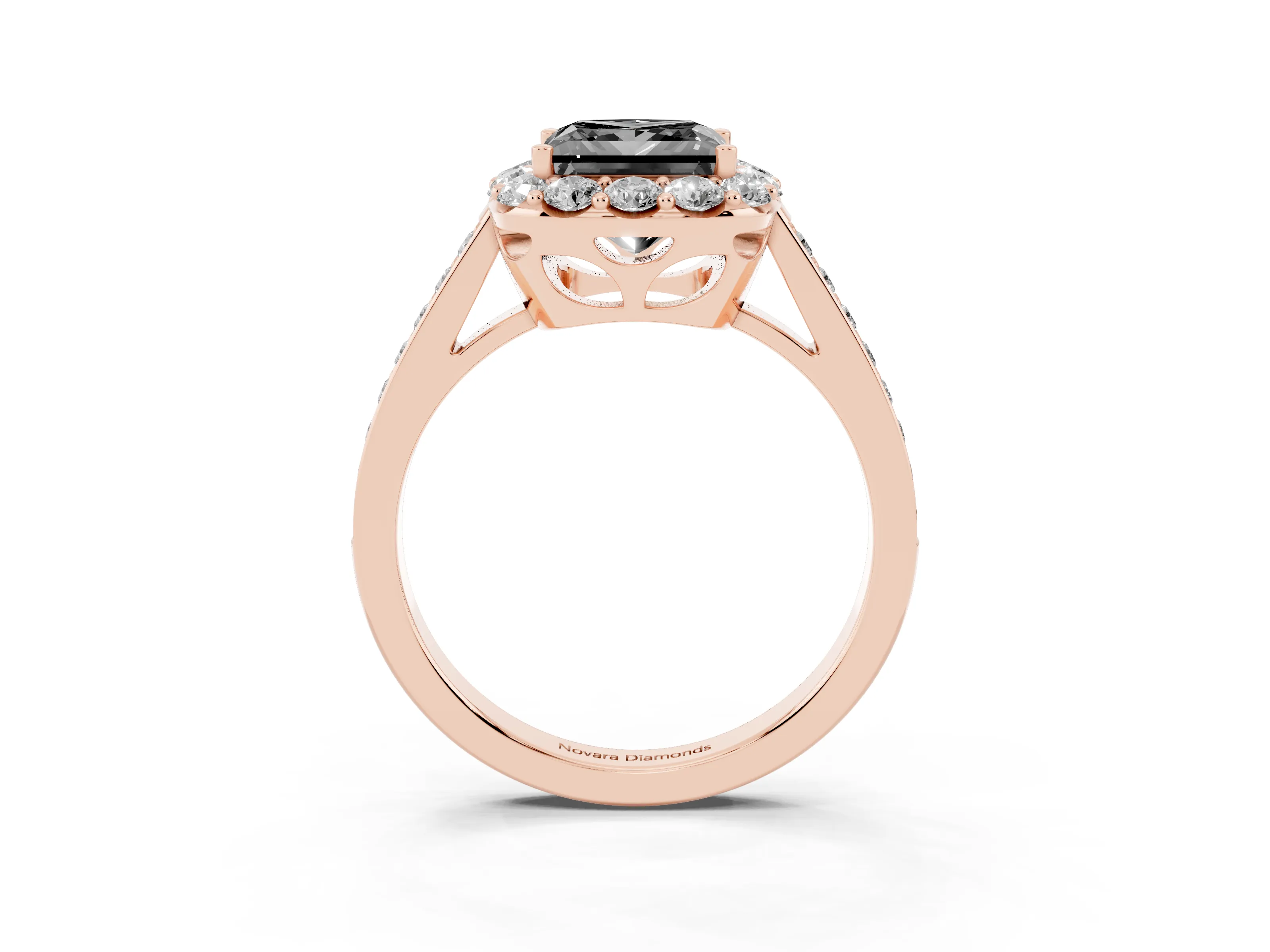 Fancy Black Princess Cut Diamond Floral Halo Ring Set in Rose gold with Pavé Band and Prong Setting