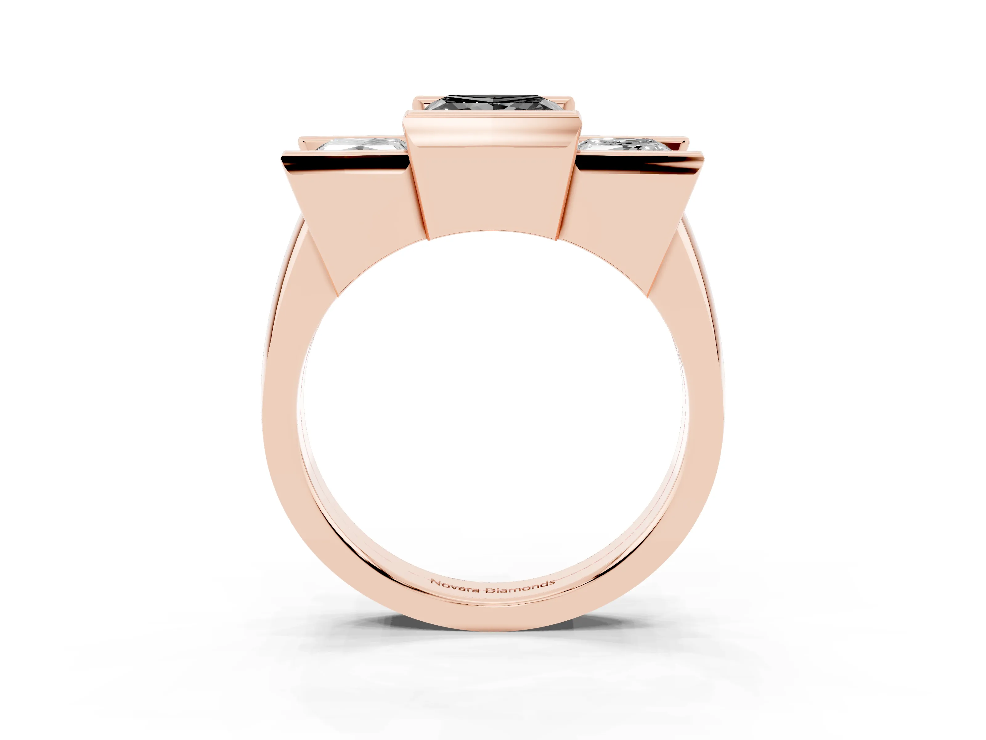 Fancy Black Princess Cut Diamond Three-Stone Channel Set Ring Set in Rose gold with Smooth Polished Band