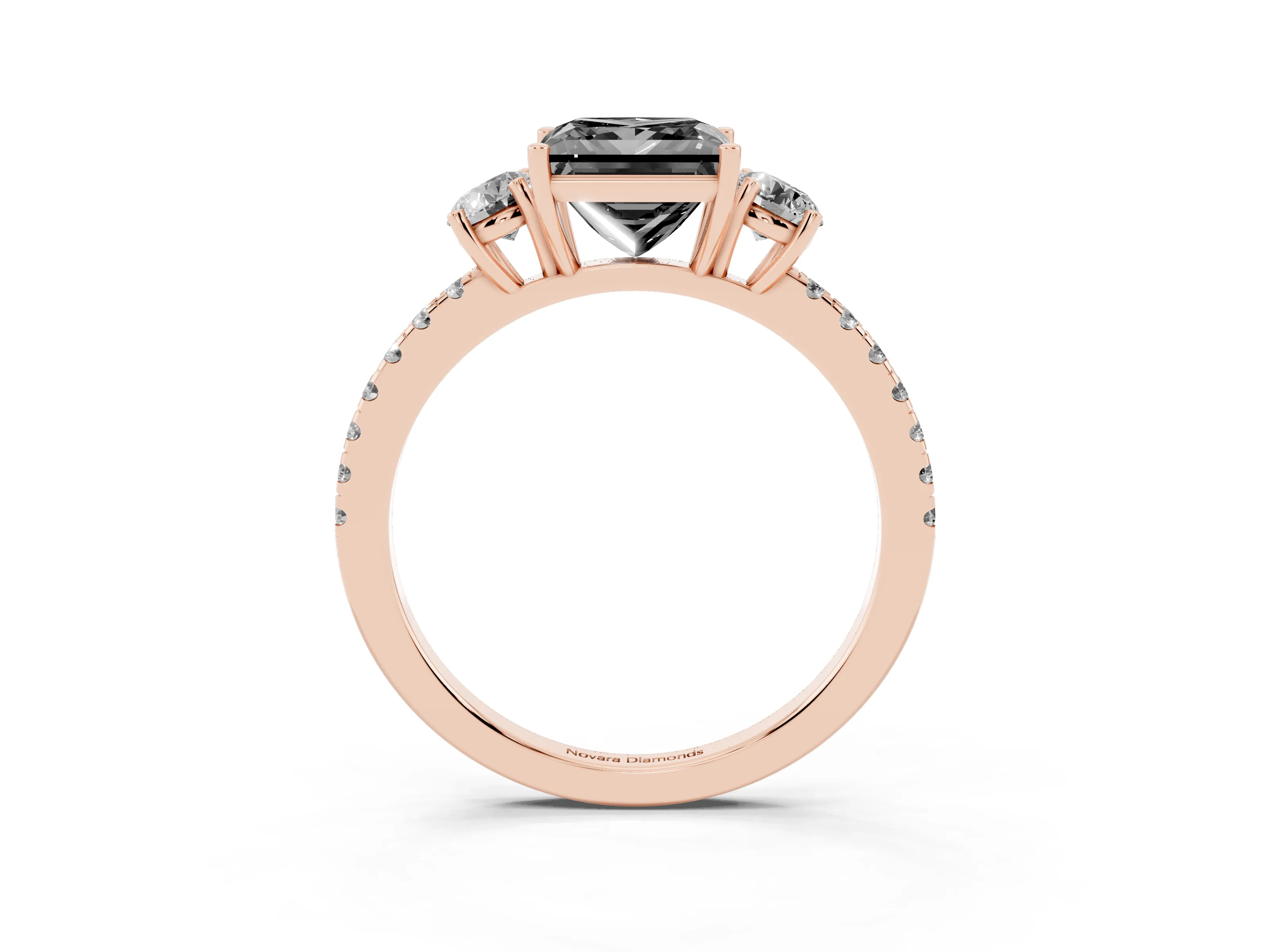 Fancy Black Princess Cut Diamond Three-Stone Ring Set in Rose gold with Pavé Band and Graduated Sides