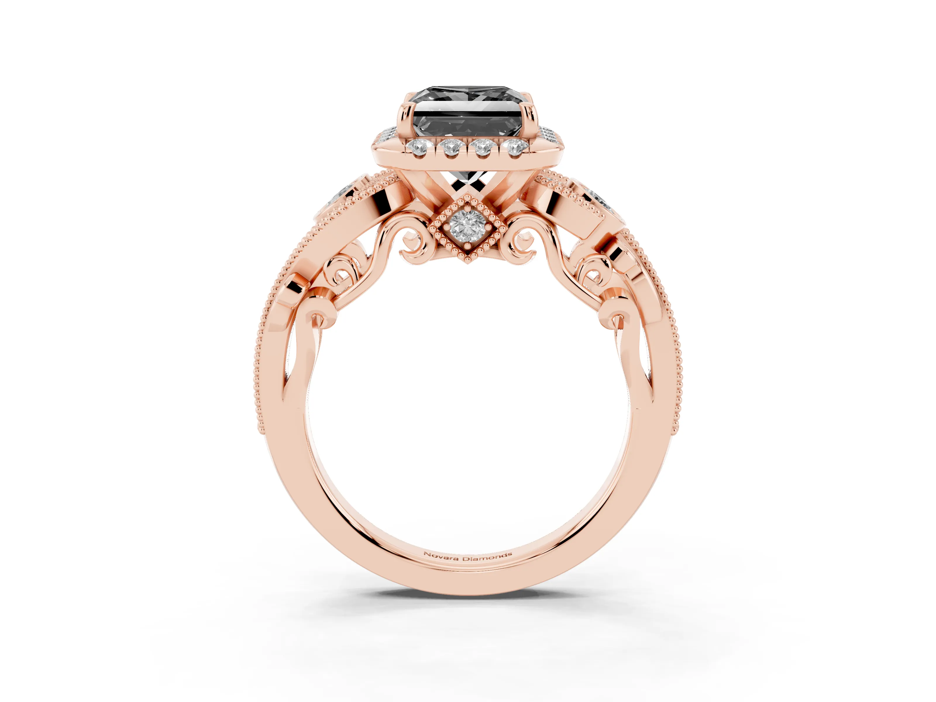 Fancy Black Princess Cut Diamond Halo Split Shank Ring Set in Rose gold with Milgrain and Bezel Accents