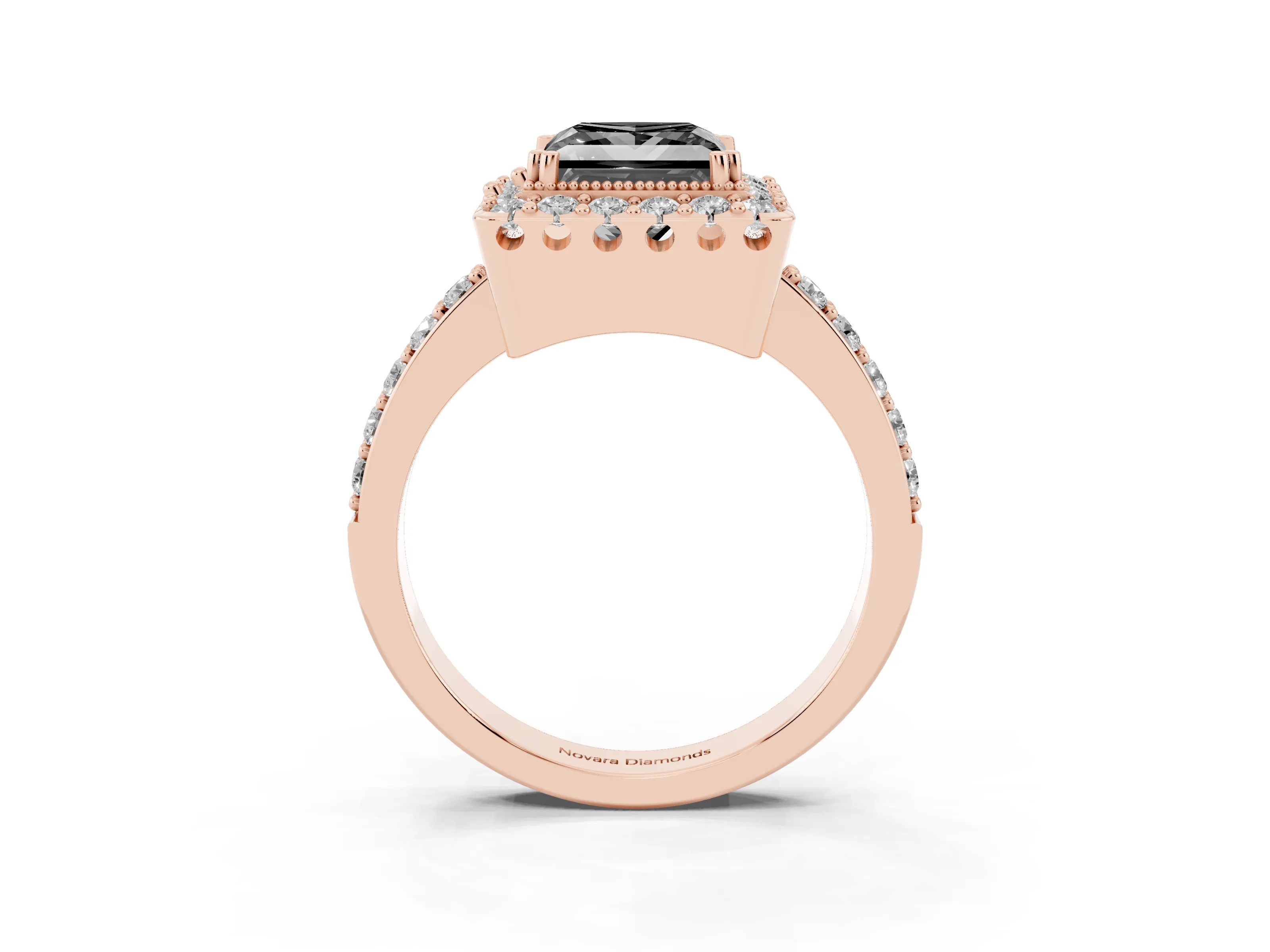 Fancy Black Princess Cut Diamond Halo Ring Set in Rose gold with Pavé Shank and Prong Setting