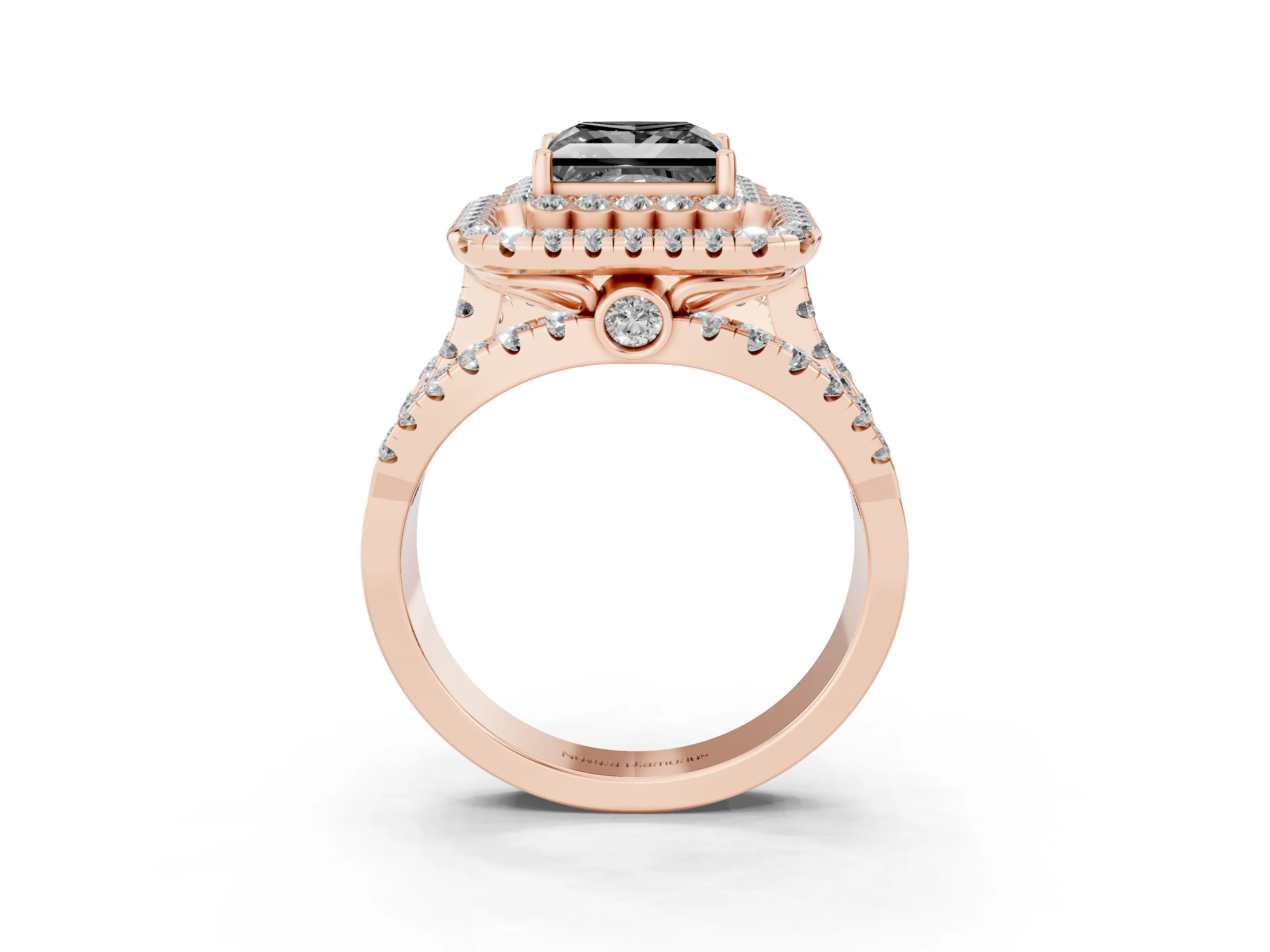 Fancy Black Princess Cut Diamond Double Halo Ring Set in Rose gold with Round Pavé Split Shank
