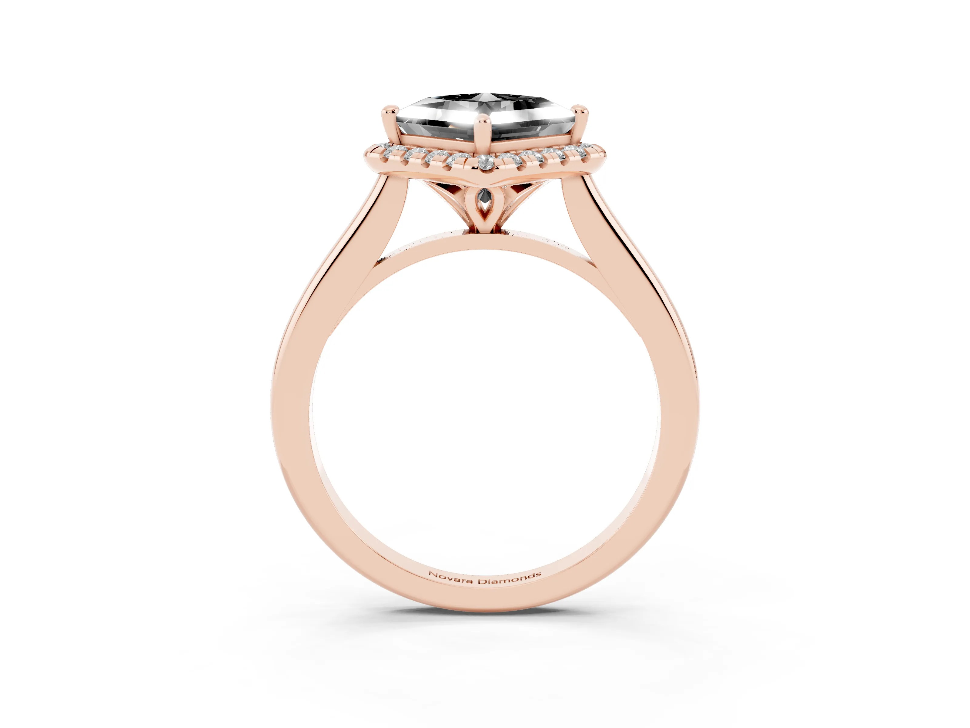 Fancy Black Princess Cut Diamond Halo Engagement Ring Set in Rose gold with Pavé Band and Rising Shoulders
