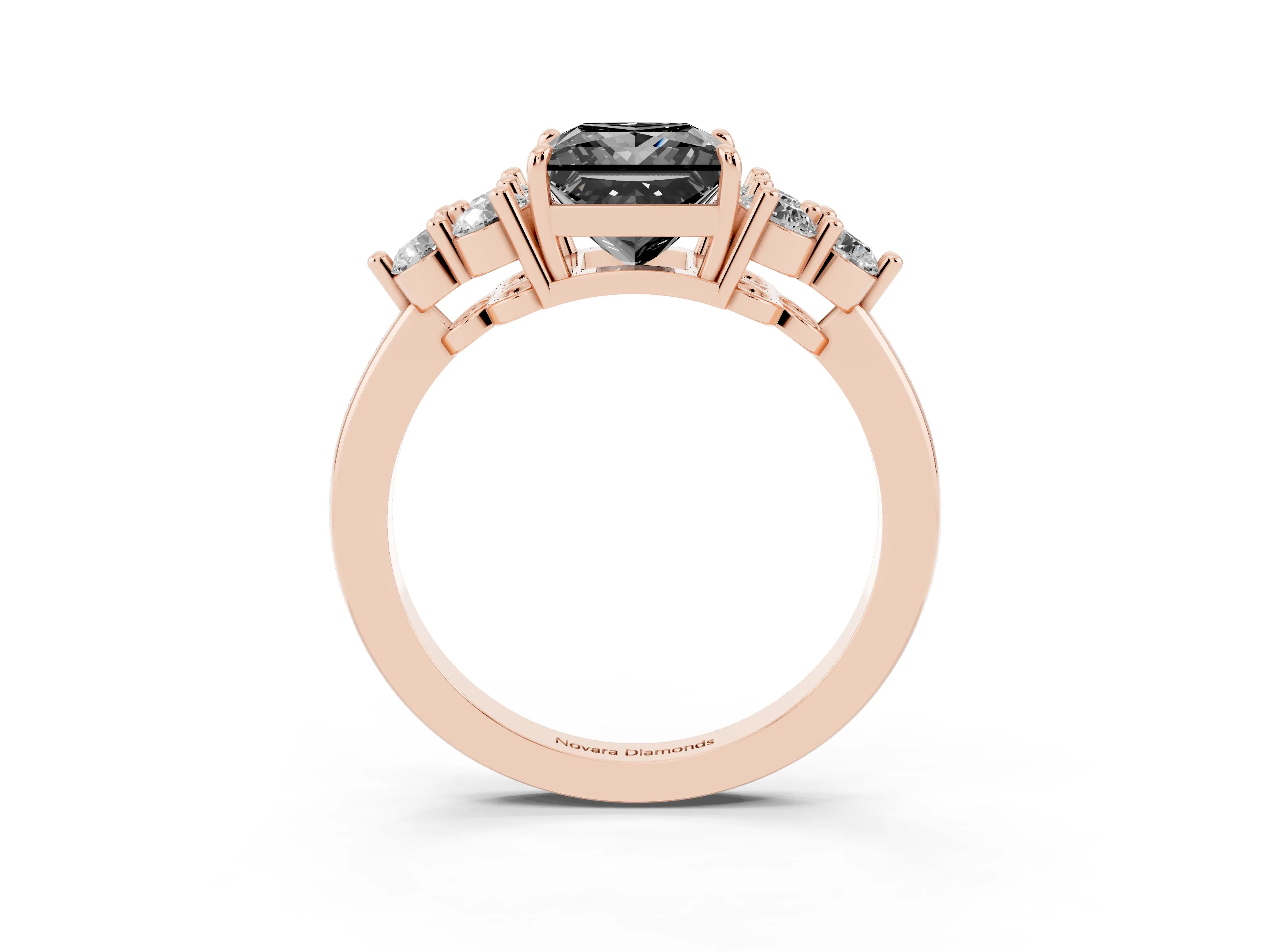 Fancy Black Princess Cut Diamond Solitaire Ring Set in Rose gold with Cluster Accents on Each Side